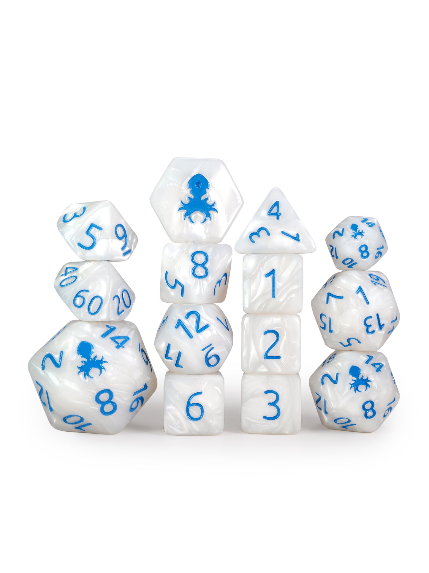 Kraken's Signature White 14pc Dice Set inked in Blue