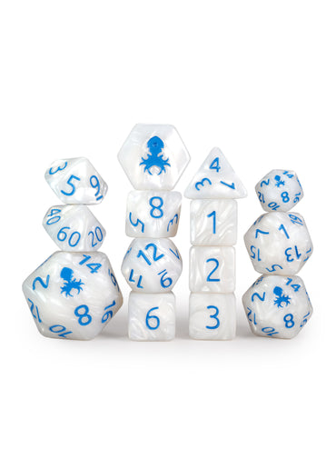 Kraken's Signature White 14pc Dice Set inked in Blue