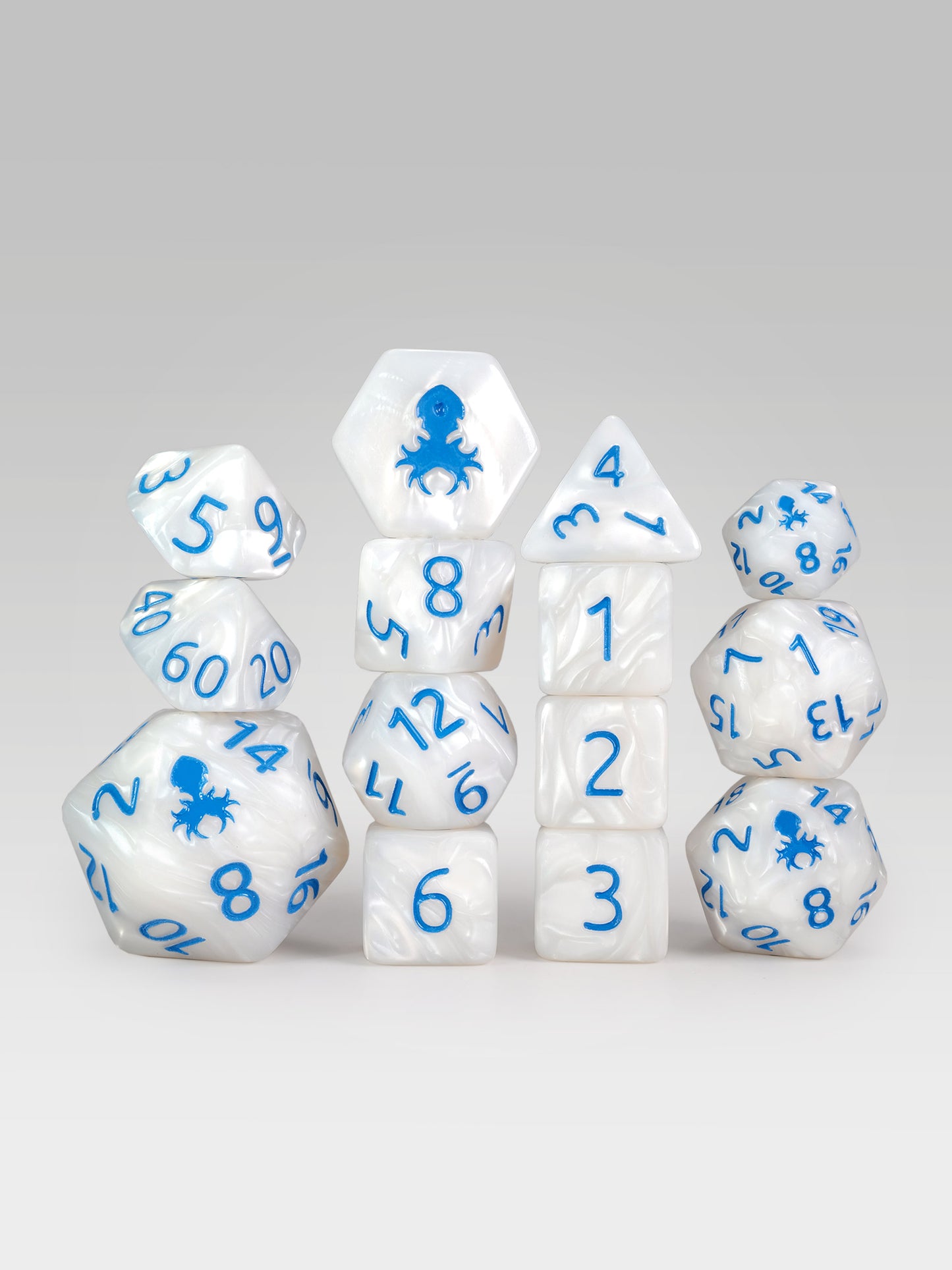 Kraken's Signature White 14pc Dice Set inked in Blue