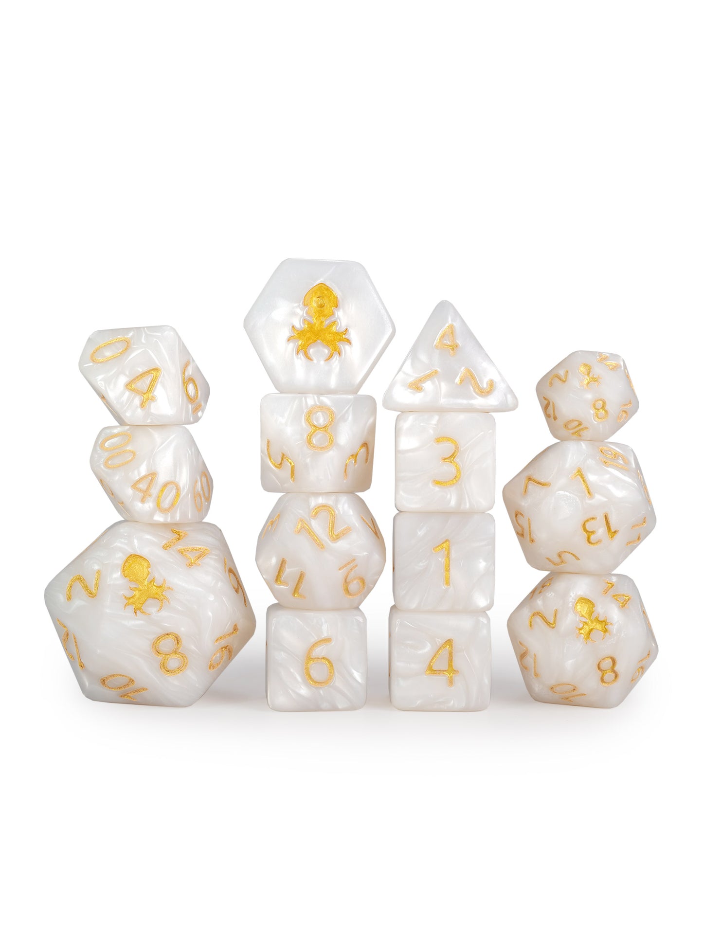 Kraken's Signature White 14pc Dice Set inked in Gold