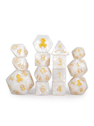 Kraken's Signature White 14pc Dice Set inked in Gold