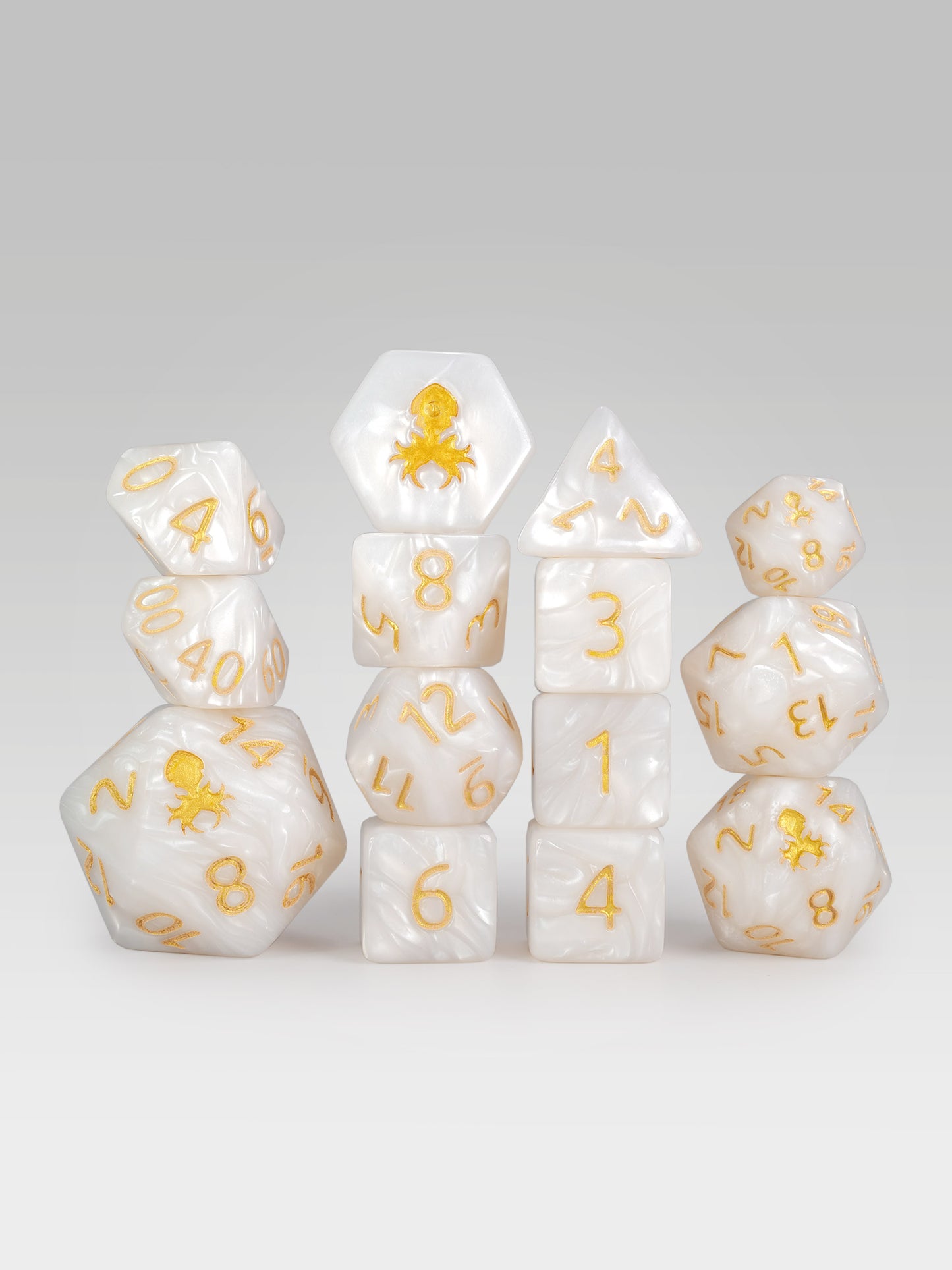 Kraken's Signature White 14pc Dice Set inked in Gold