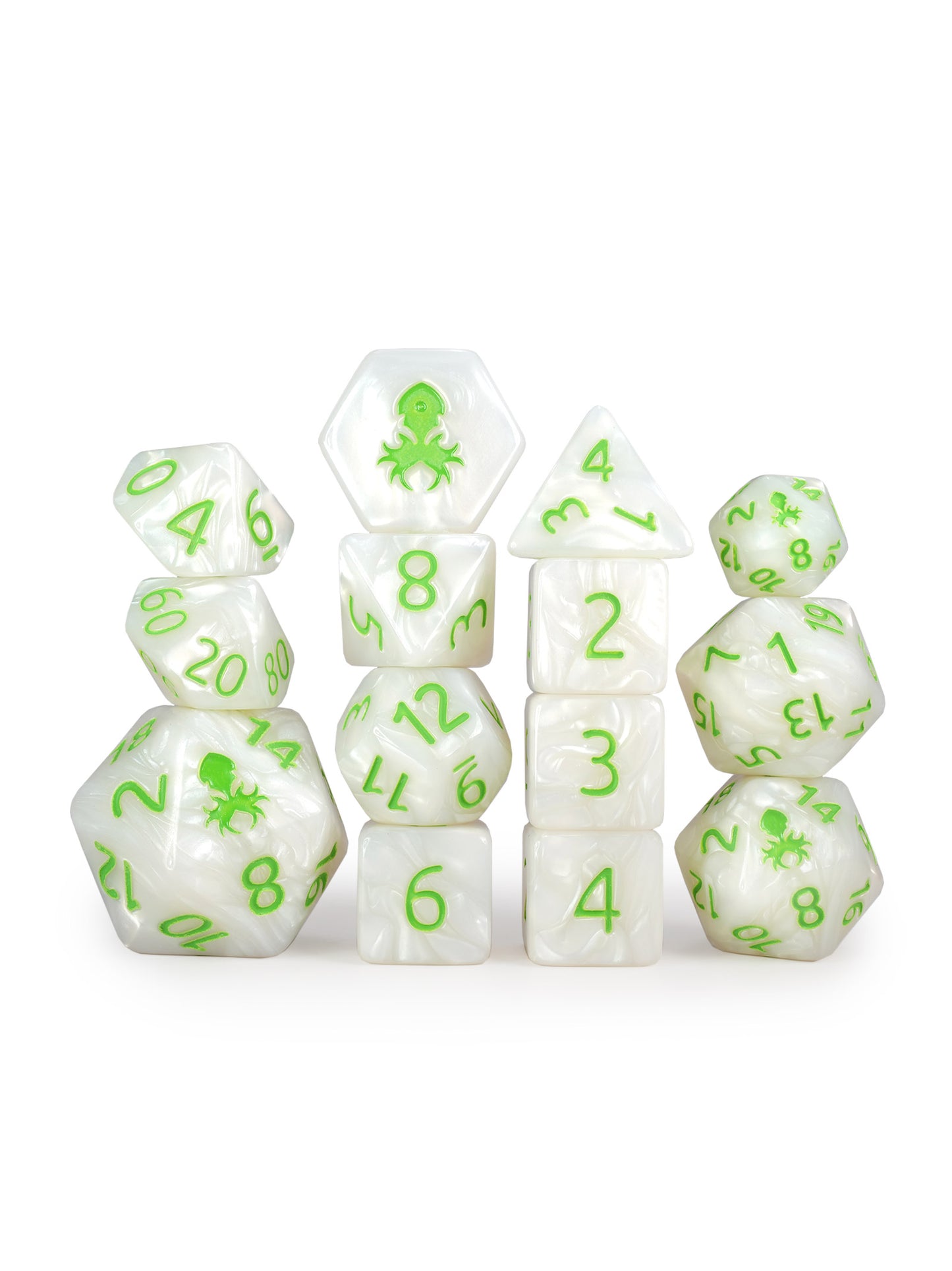 Kraken's Signature White 14pc Dice Set inked in Green
