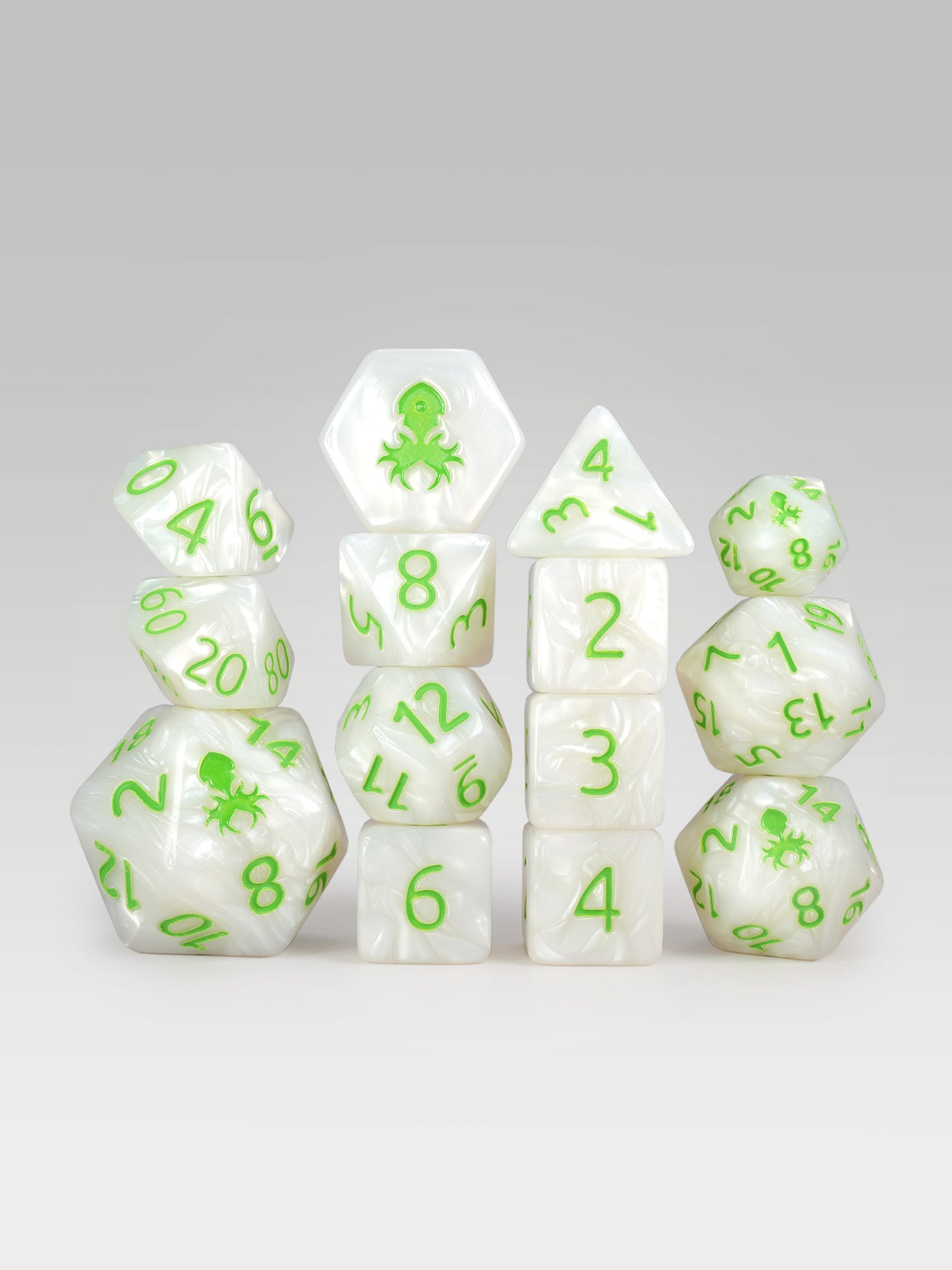 Kraken's Signature White 14pc Dice Set inked in Green