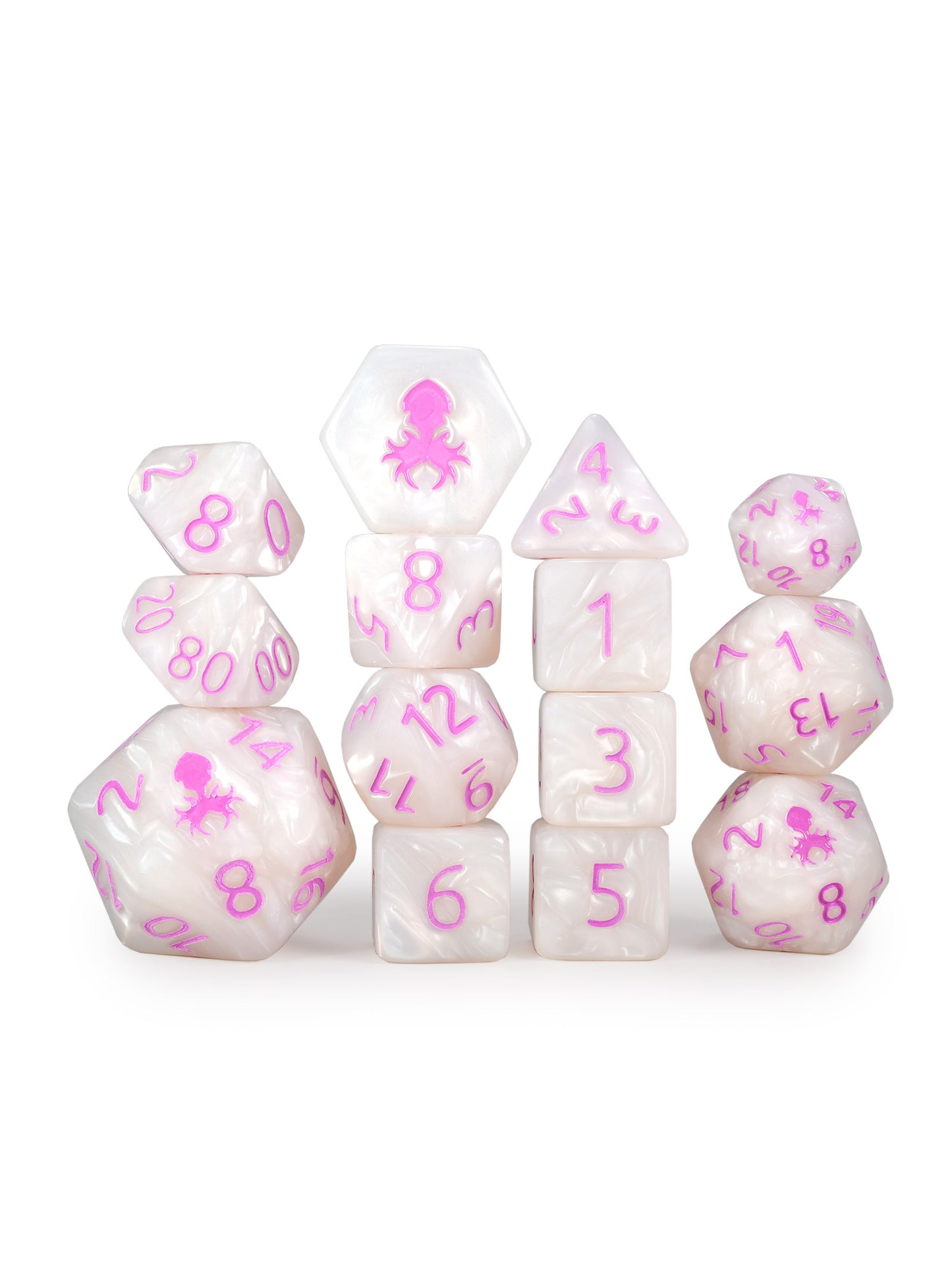 Kraken's Signature White 14pc Dice Set inked in Pink