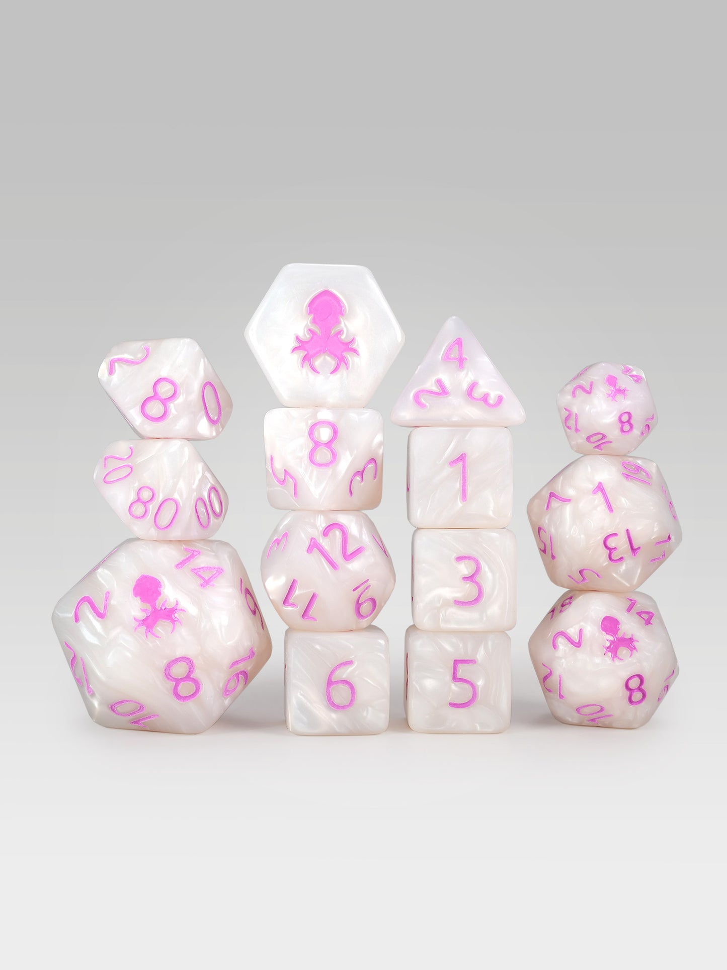 Kraken's Signature White 14pc Dice Set inked in Pink