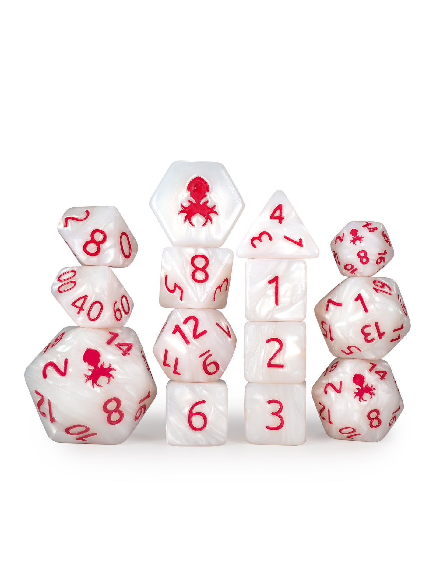 Kraken's Signature White 14pc Dice Set inked in Red