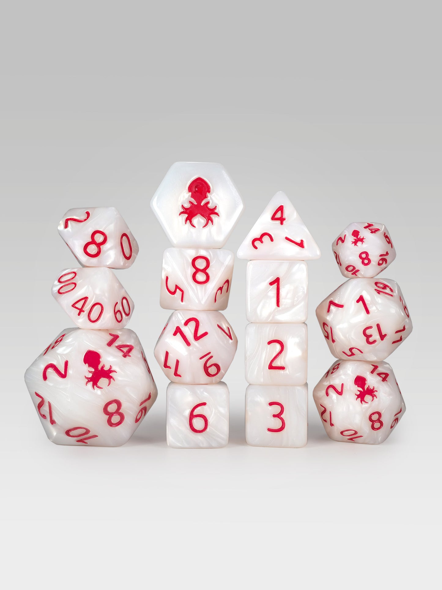 Kraken's Signature White 14pc Dice Set inked in Red