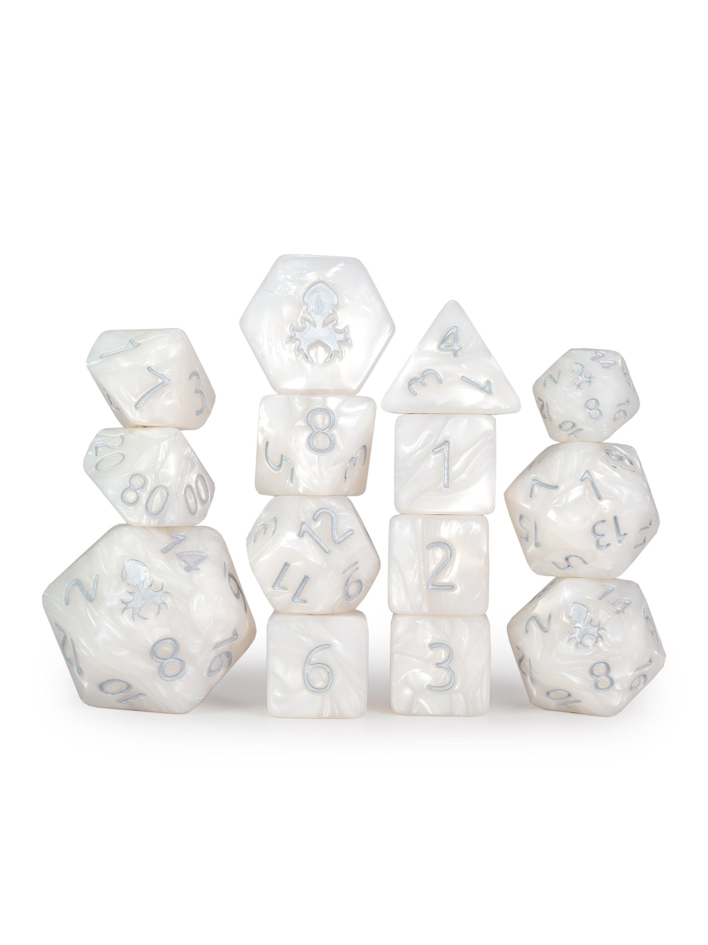 Kraken's Signature White 14pc Dice Set inked in Silver