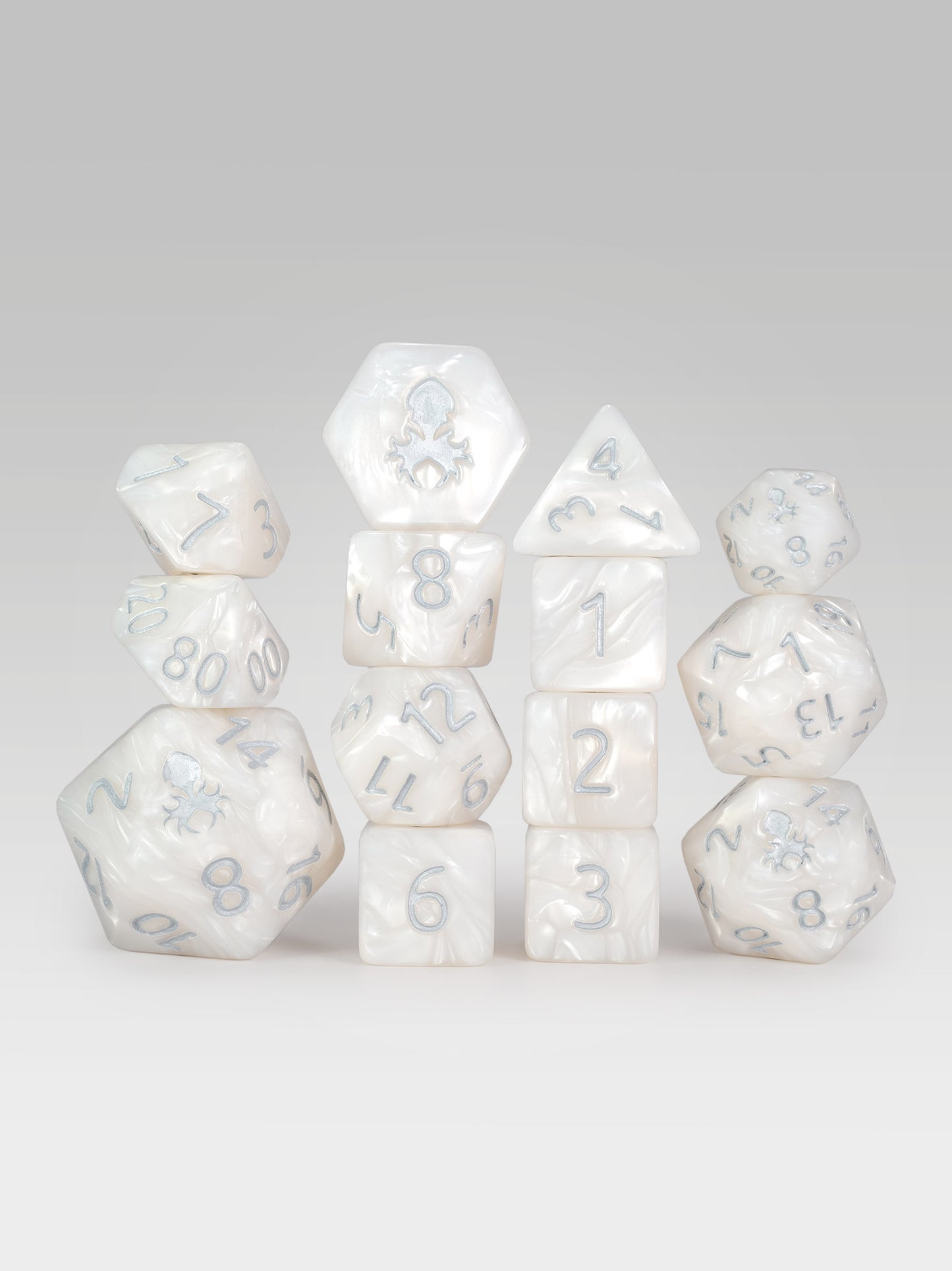 Kraken's Signature White 14pc Dice Set inked in Silver