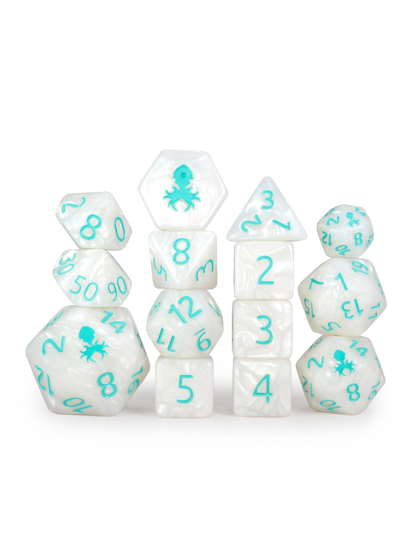 Kraken's Signature White 14pc Dice Set inked in Teal