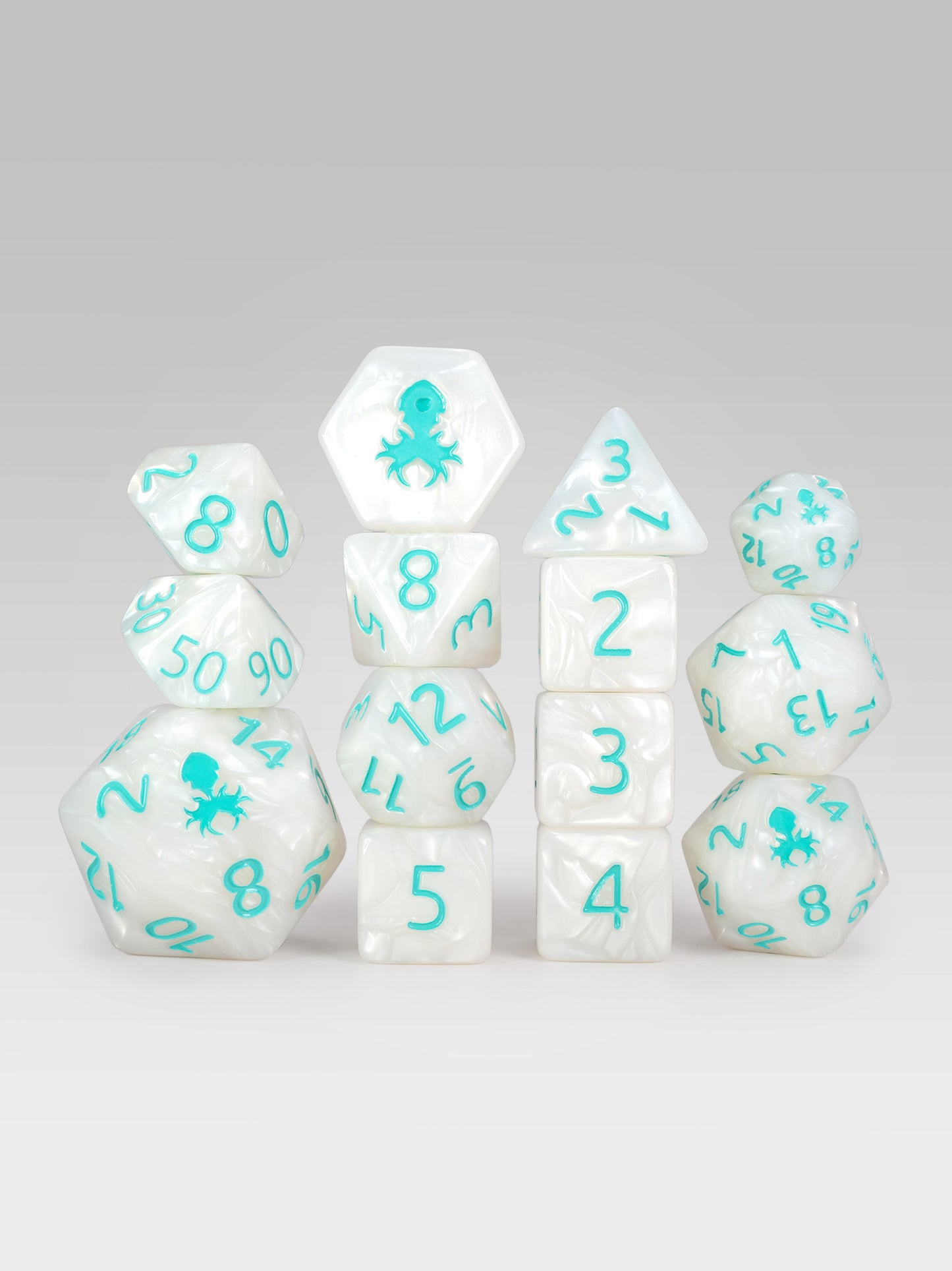 Kraken's Signature White 14pc Dice Set inked in Teal