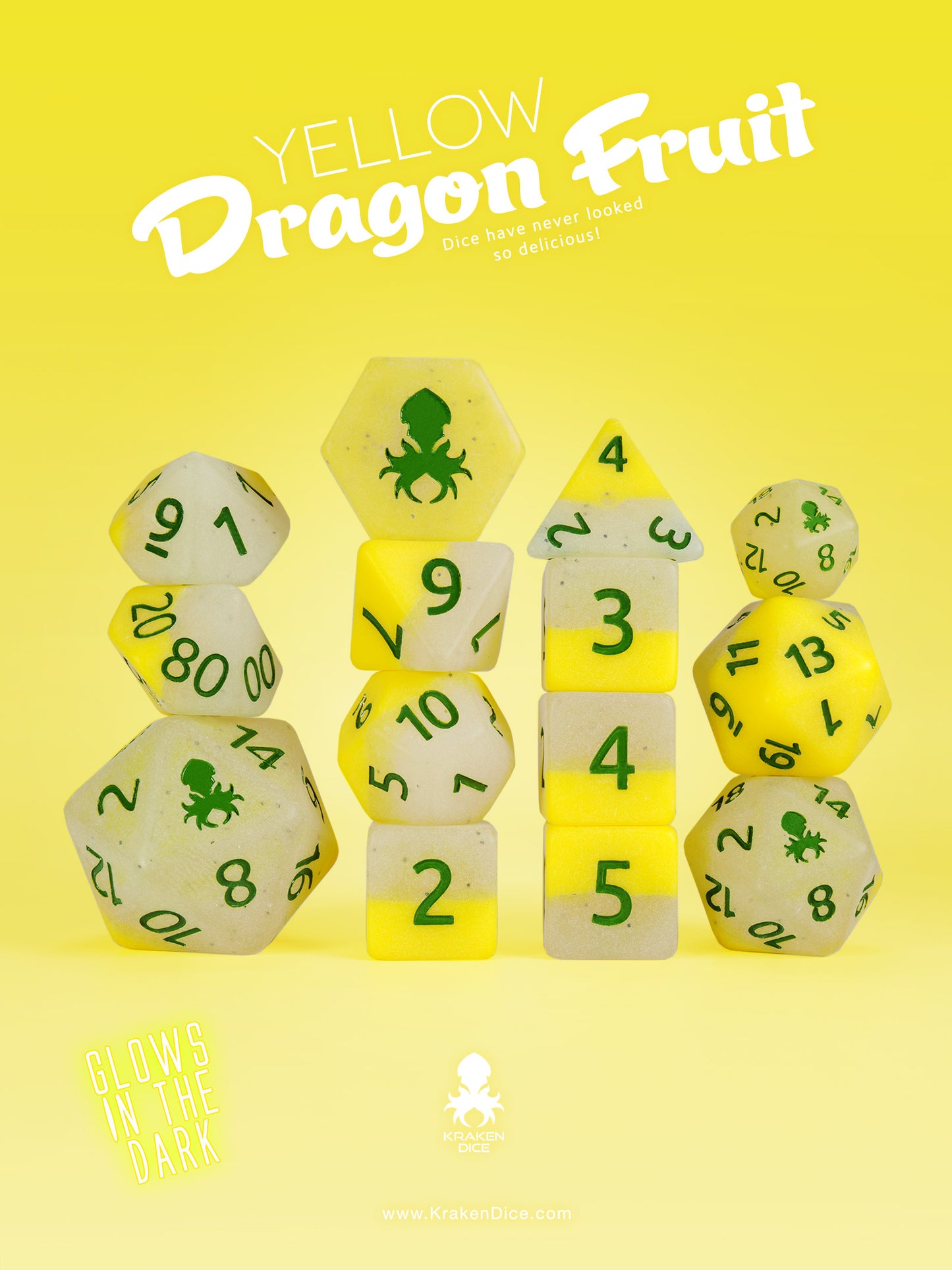Yellow Dragon Fruit Glow in the Dark 14pc Dice Set inked in Green