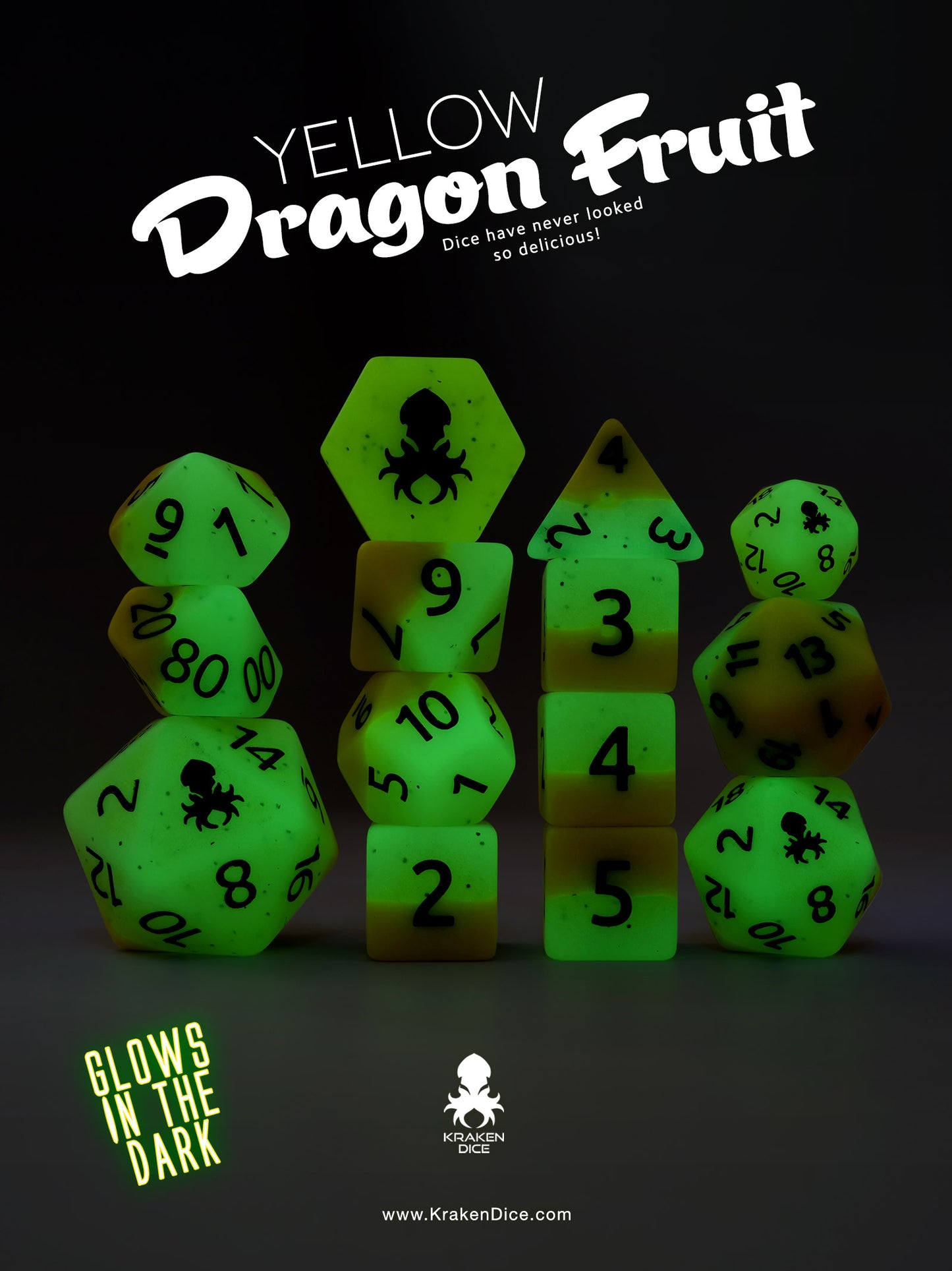 Yellow Dragon Fruit Glow in the Dark 14pc Dice Set inked in Green