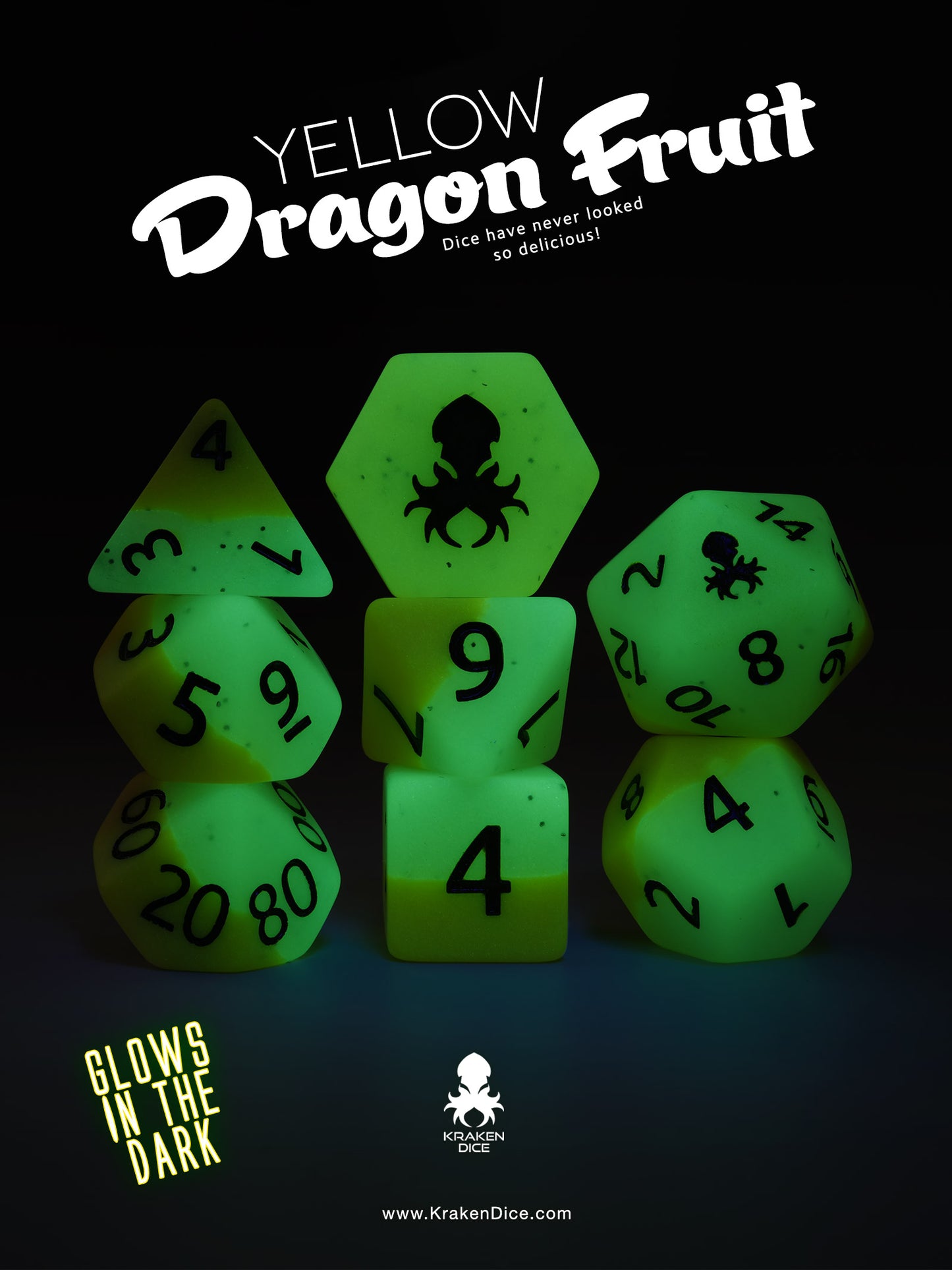 Yellow Dragon Fruit Glow in the Dark 8pc Dice Set inked in Green