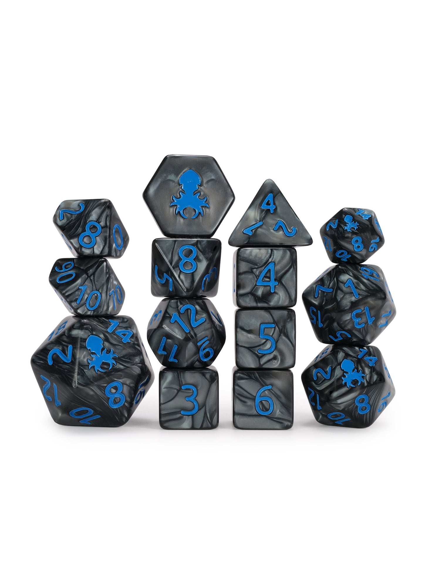 Kraken's Signature Black 14pc Dice Set inked in Blue