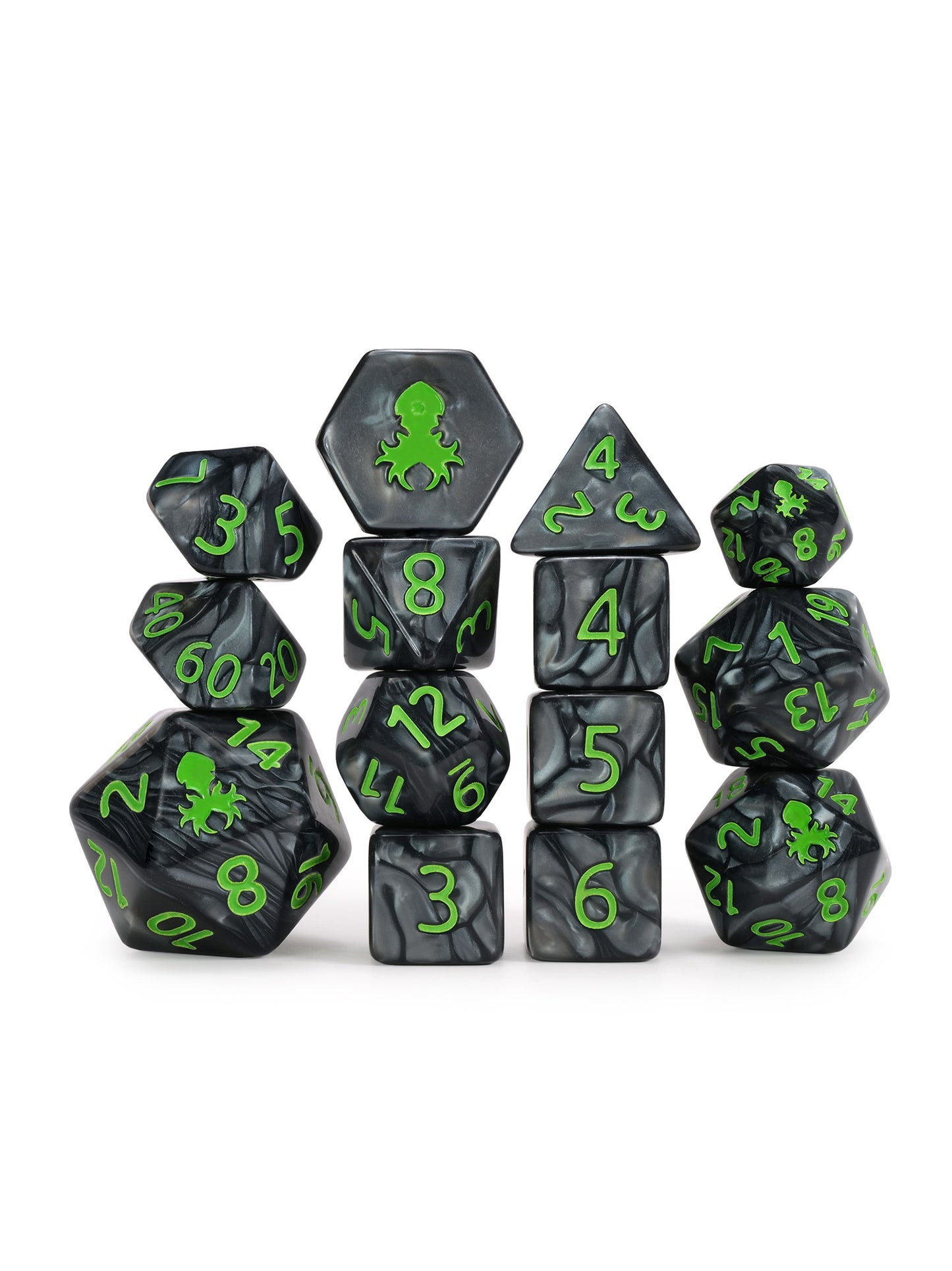 Kraken's Signature Black 14pc Dice Set inked in Green