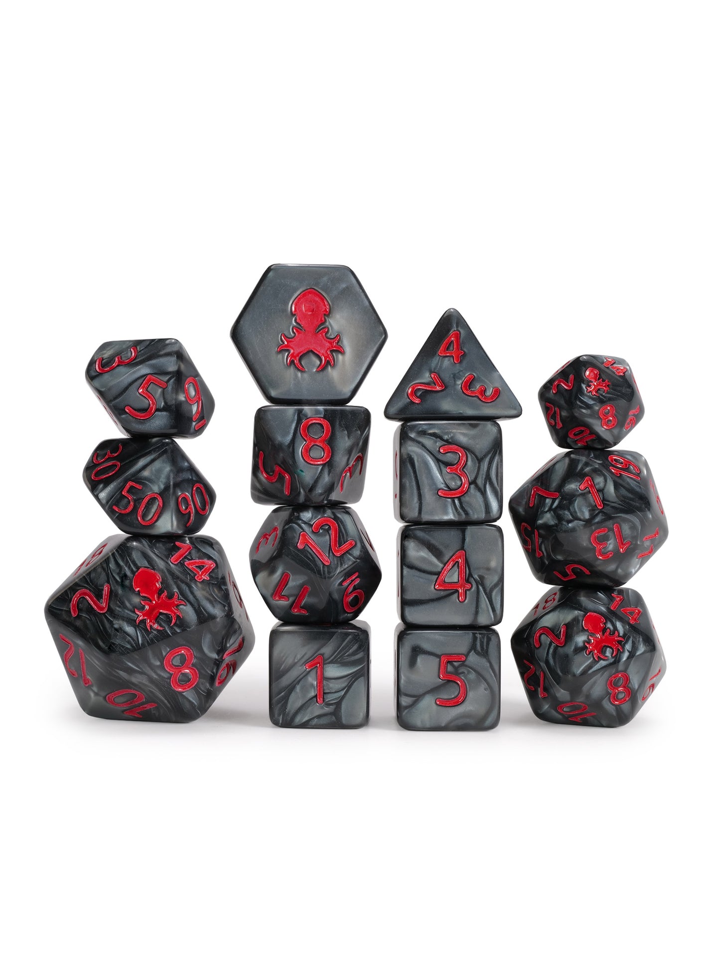 Kraken's Signature Black 14pc Dice Set inked in Red