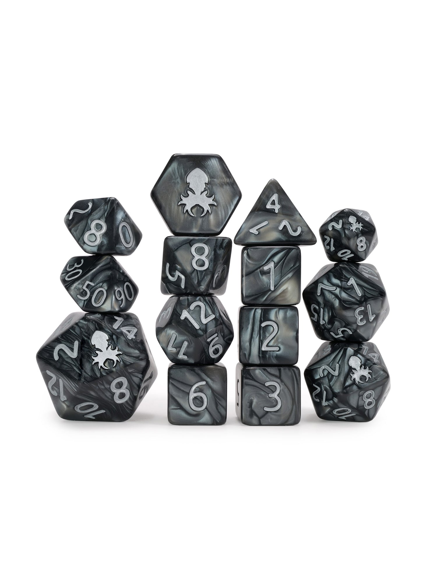 Kraken's Signature Black 14pc Dice Set inked in Silver
