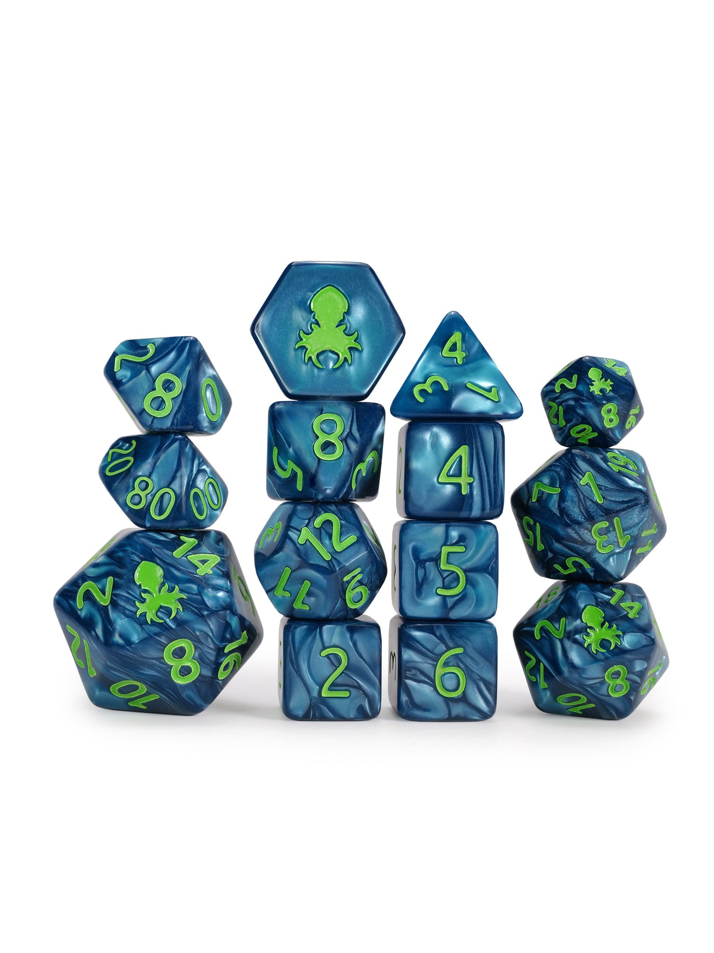 Kraken's Signature Cadet Blue 14pc Dice Set inked in Green