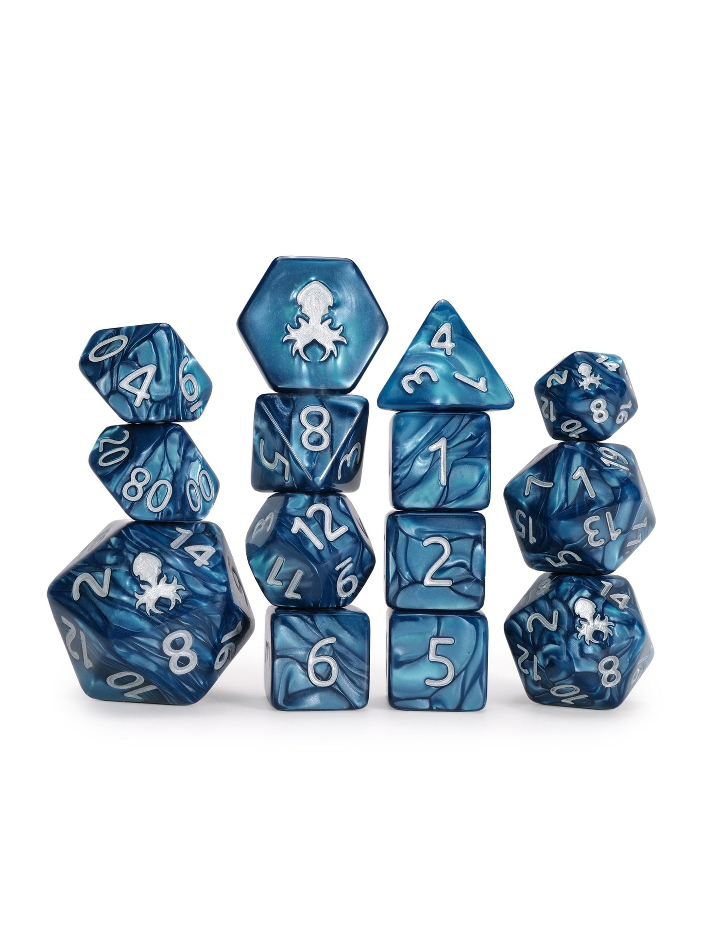 Kraken's Signature Cadet Blue 14pc Dice Set inked in Silver