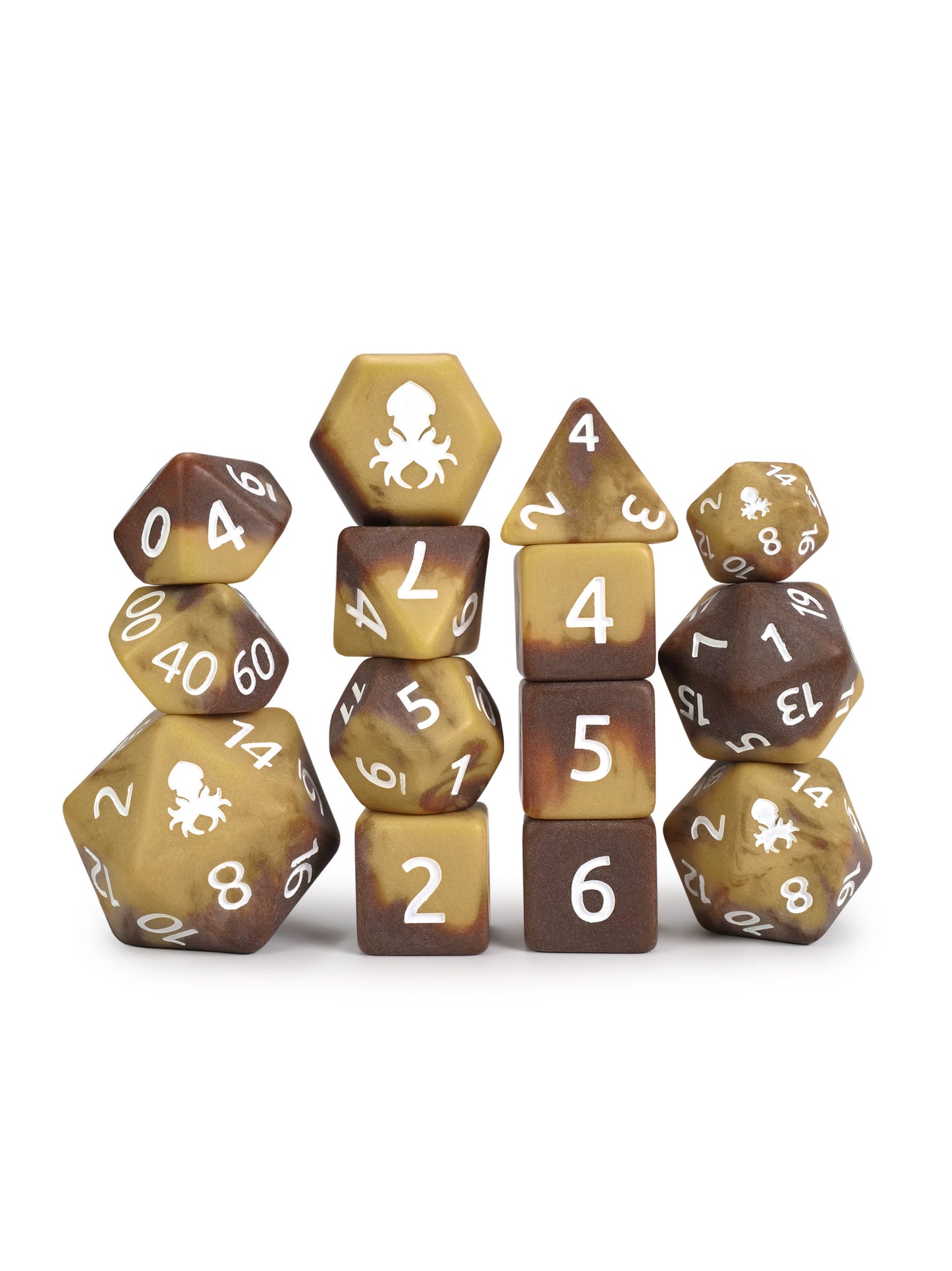 Mocha Drizzle Matte 14pc Dice Set inked in White
