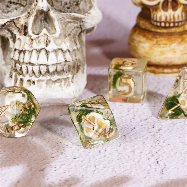 Pirate Skull Moss 7pc Dice Set Inked in Gold