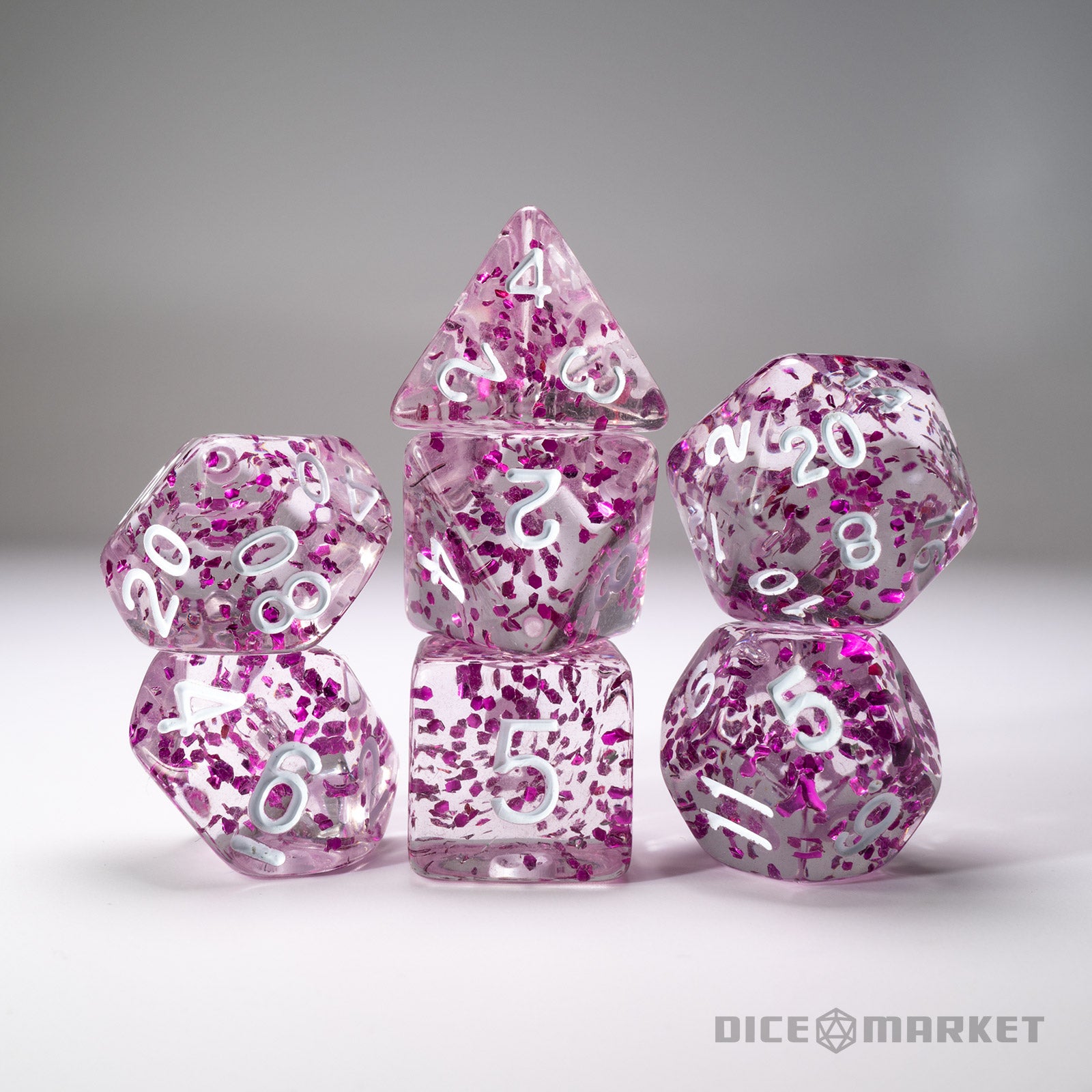Clear with Purple Glitter White Ink 7pc Dice Set