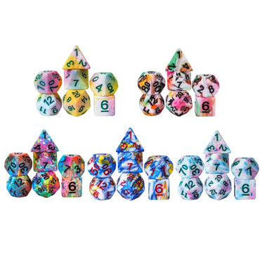 Multi-Colour Pattern Mix Pattern 7pc Dice Set inked in Black