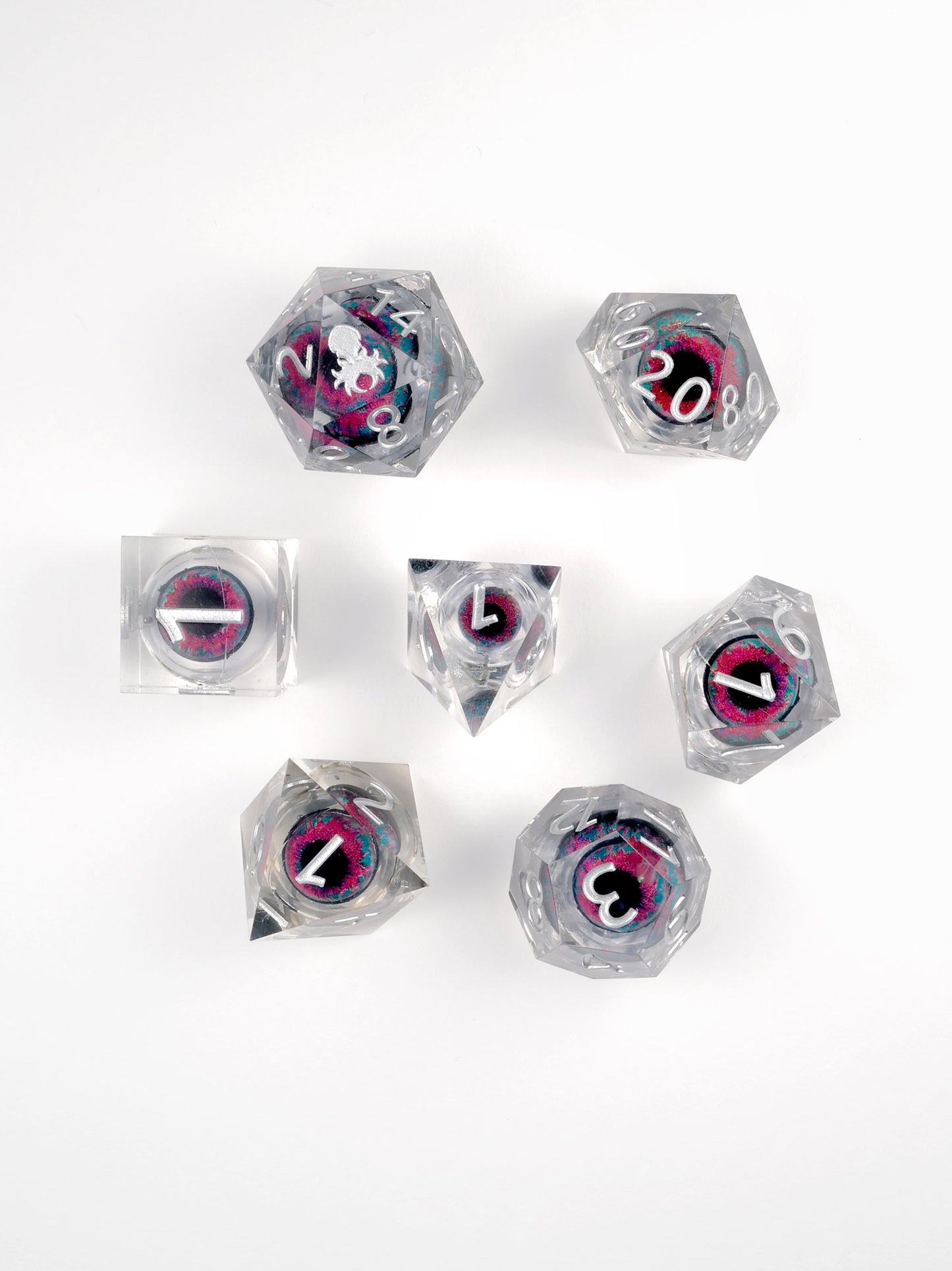 Goblin Eye 7pc Sharp Edge Liquid Core Dice Set Inked in Silver