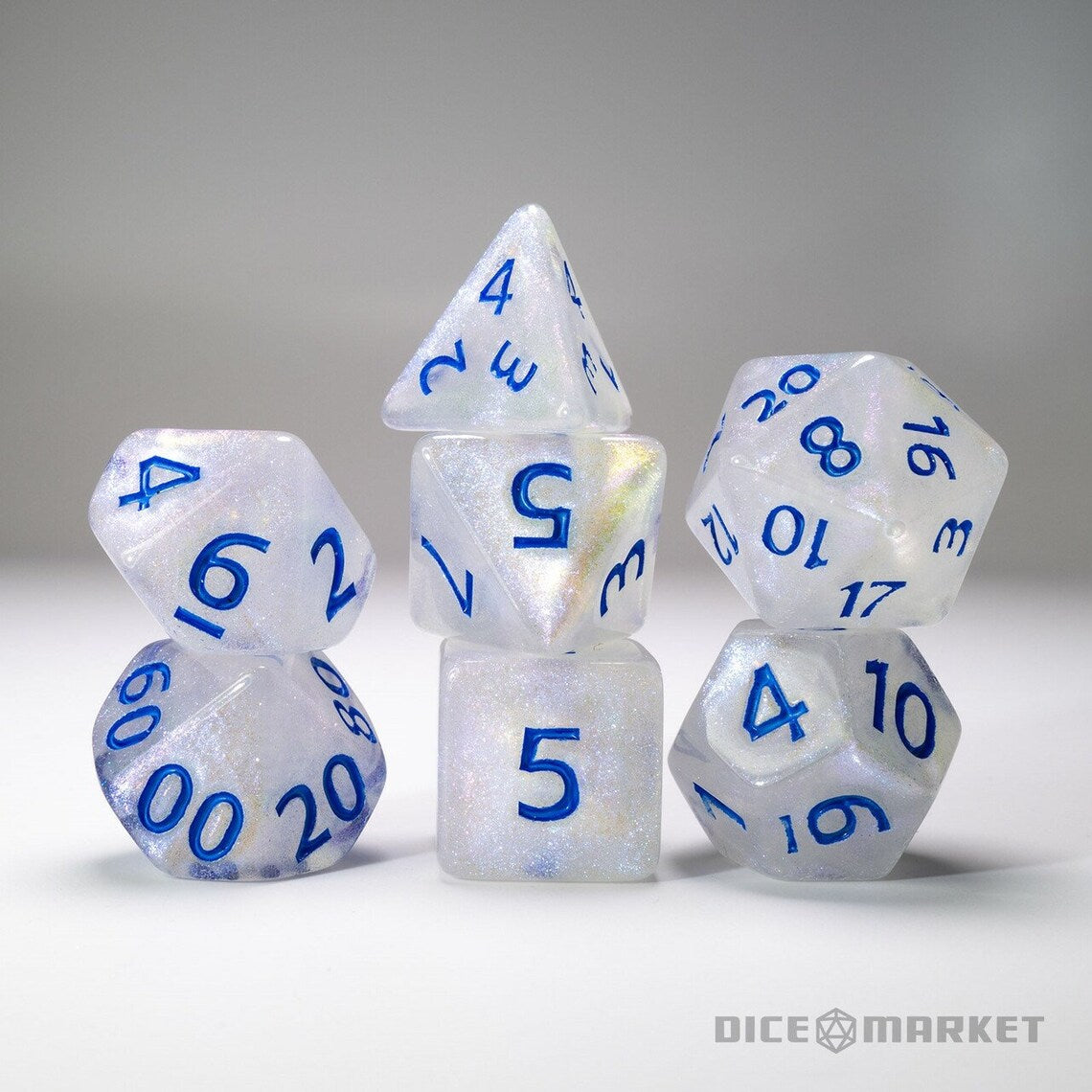 White with Pearlescent Pink Glitter with Blue Ink 7pc Dice Set