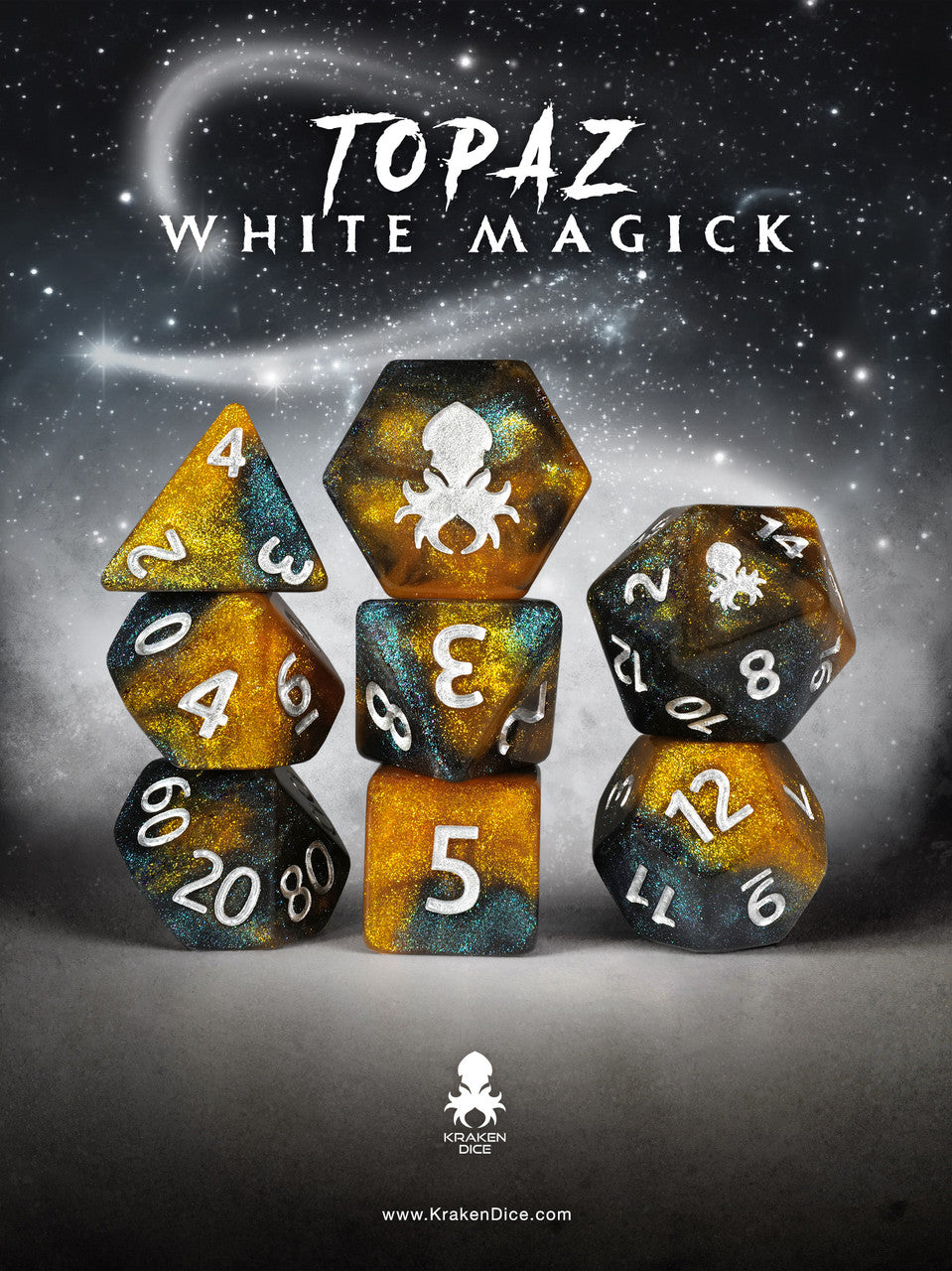 Topaz White Magick 8pc Dice Set inked in Silver