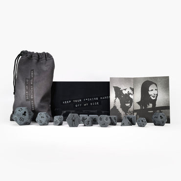 Keep Your Hands Off Sara's 14pc Matte Dice Set inked in Black