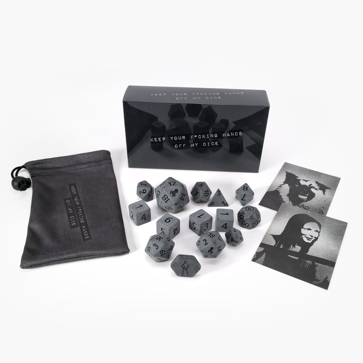 Keep Your Hands Off Sara's 14pc Matte Dice Set inked in Black