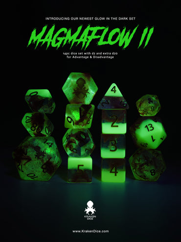 Magmaflow 2 14pc Glow in the Dark Dice Set inked in Gold