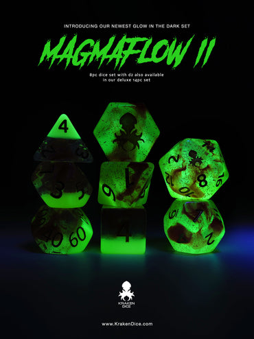 Magmaflow 2 8pc Glow in the Dark Dice Set inked in Gold