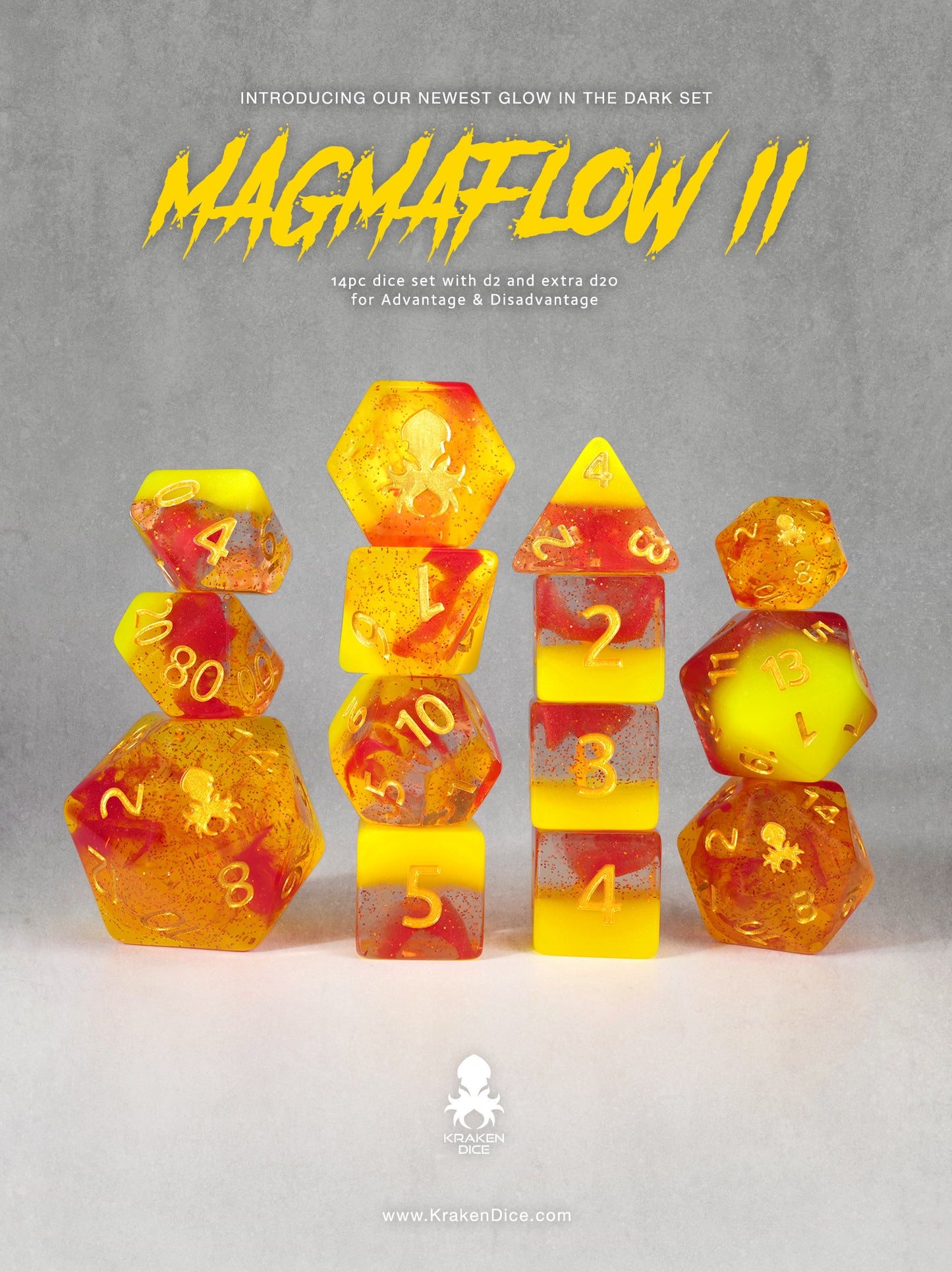 Magmaflow 2 14pc Glow in the Dark Dice Set inked in Gold