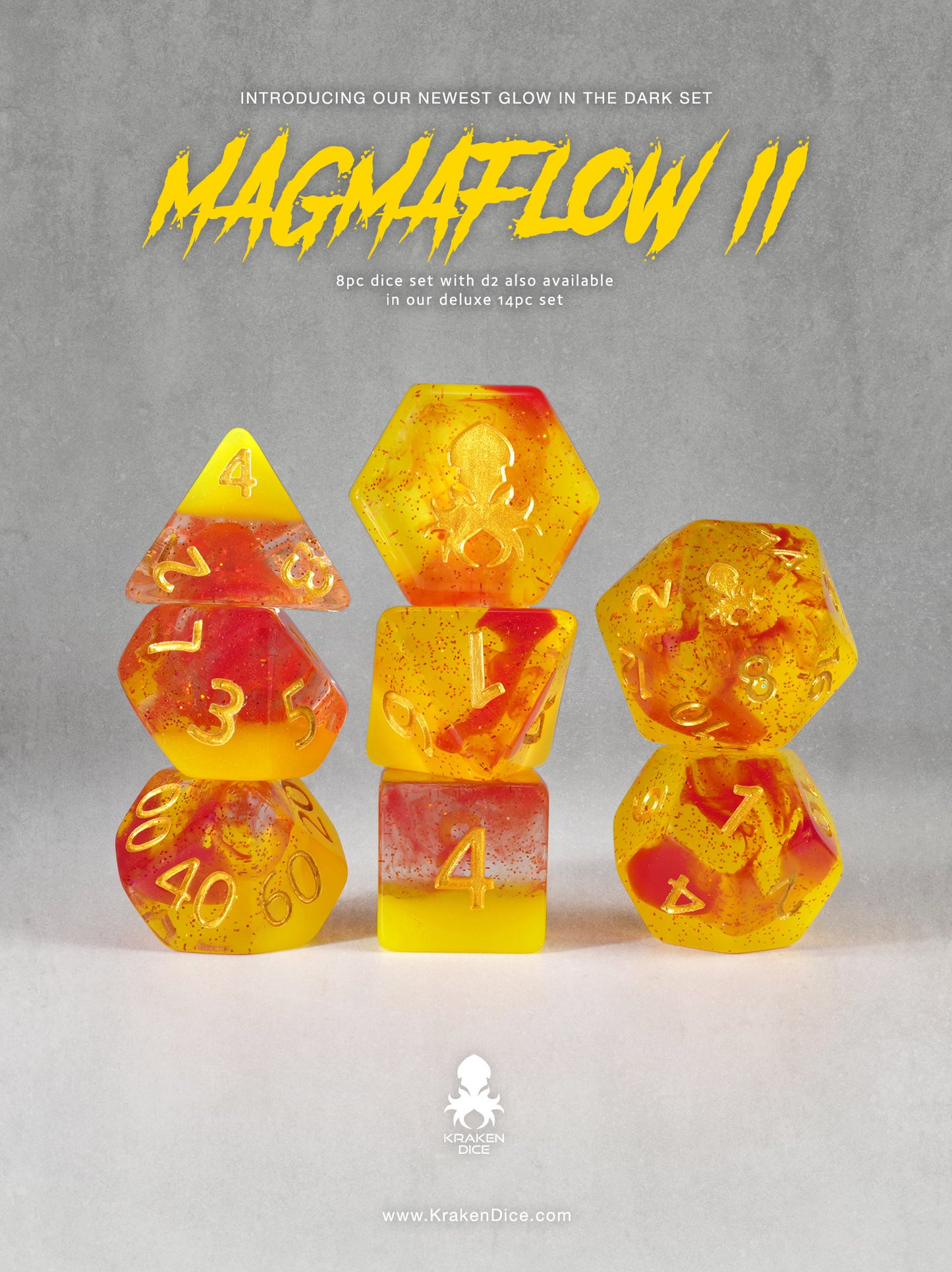 Magmaflow 2 8pc Glow in the Dark Dice Set inked in Gold