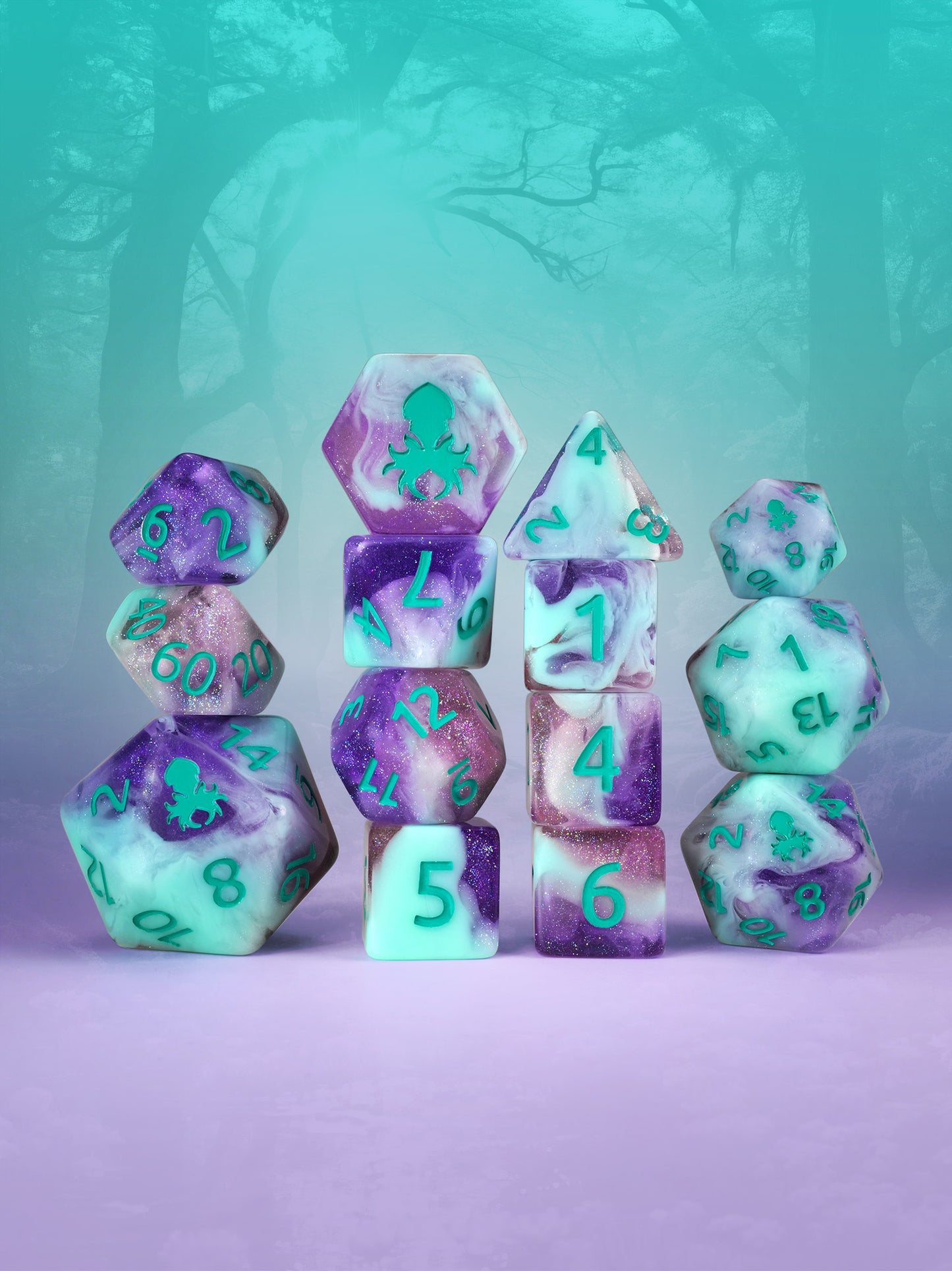 Morgan la Fay 14pc Dice Set Inked in Teal