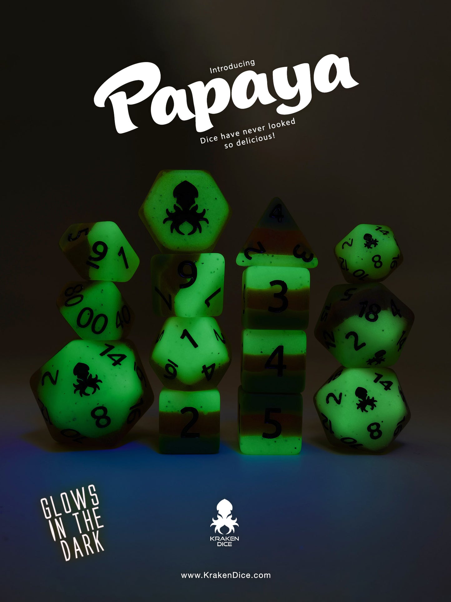 Papaya Glow in the Dark 14pc Dice Set inked in Black