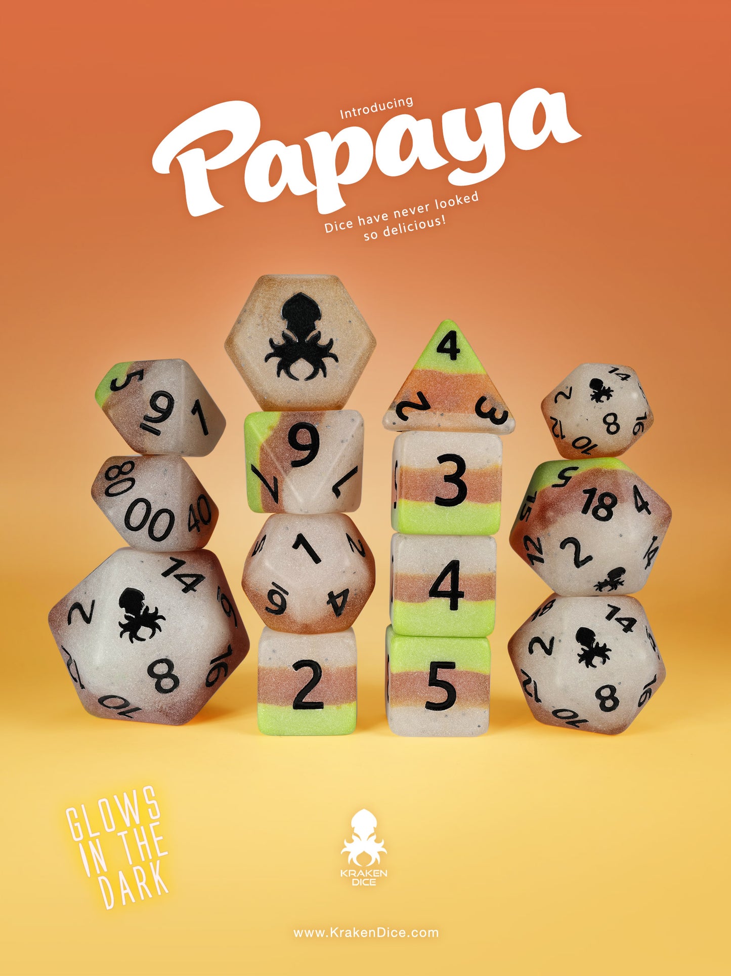 Papaya Glow in the Dark 14pc Dice Set inked in Black