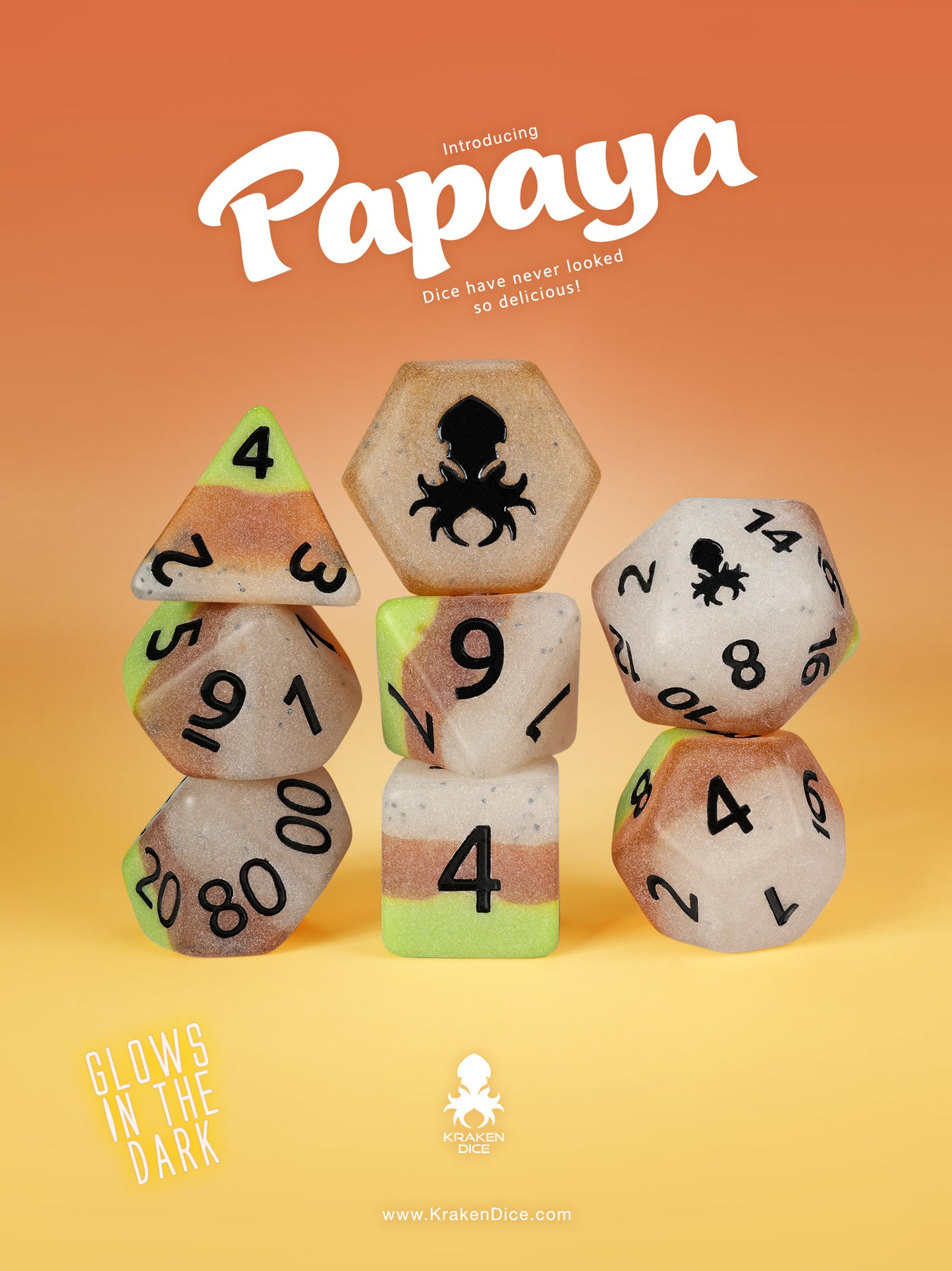 Papaya Glow in the Dark 8pc Dice Set inked in Black