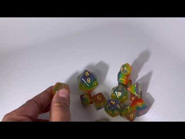 Mystic Rainbow 14pc Dice Set Inked in Gold