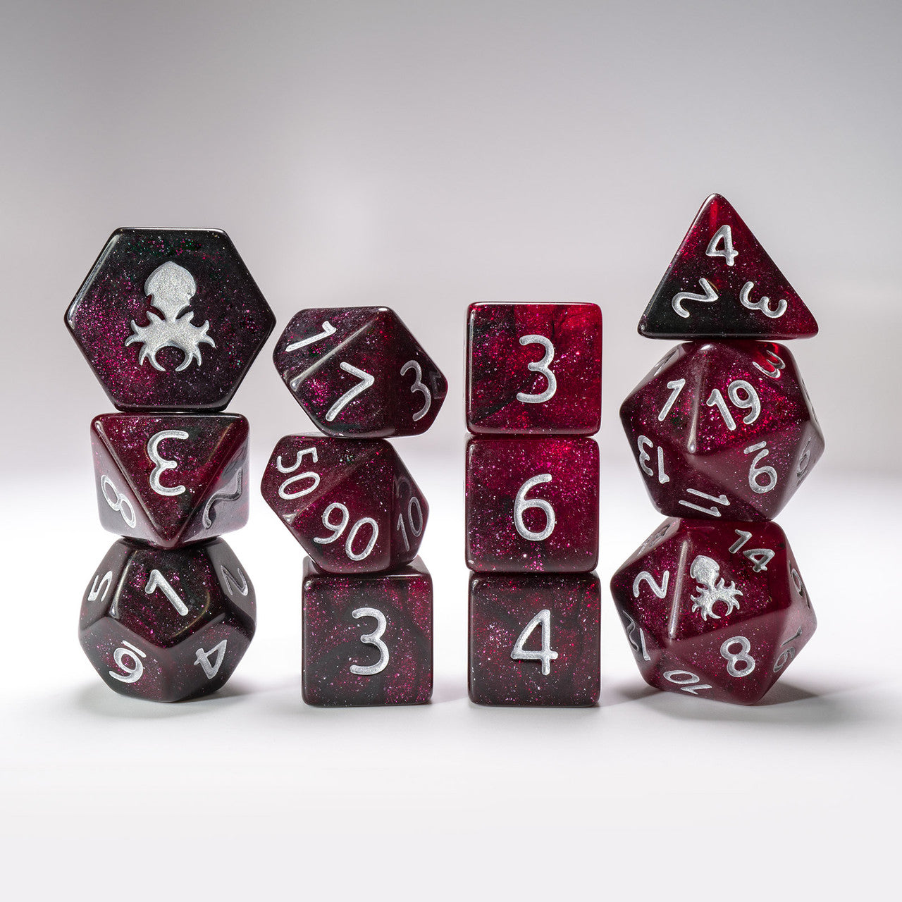 Crimson Midnight 12pc Glimmer RPG Dice Set with Silver Ink