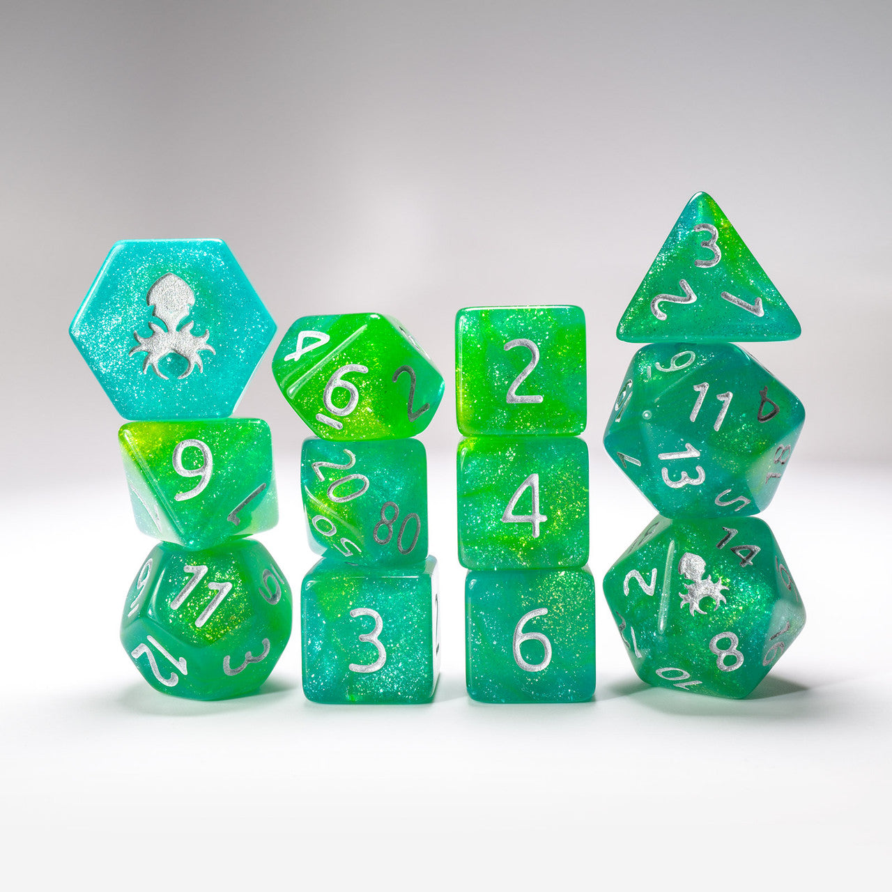 Fern 12pc Glimmer RPG Dice Set with Silver Ink