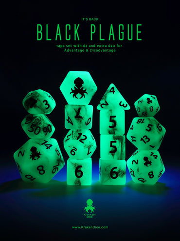 Black Plague 14pc Glow in the Dark Red Ink Dice Set