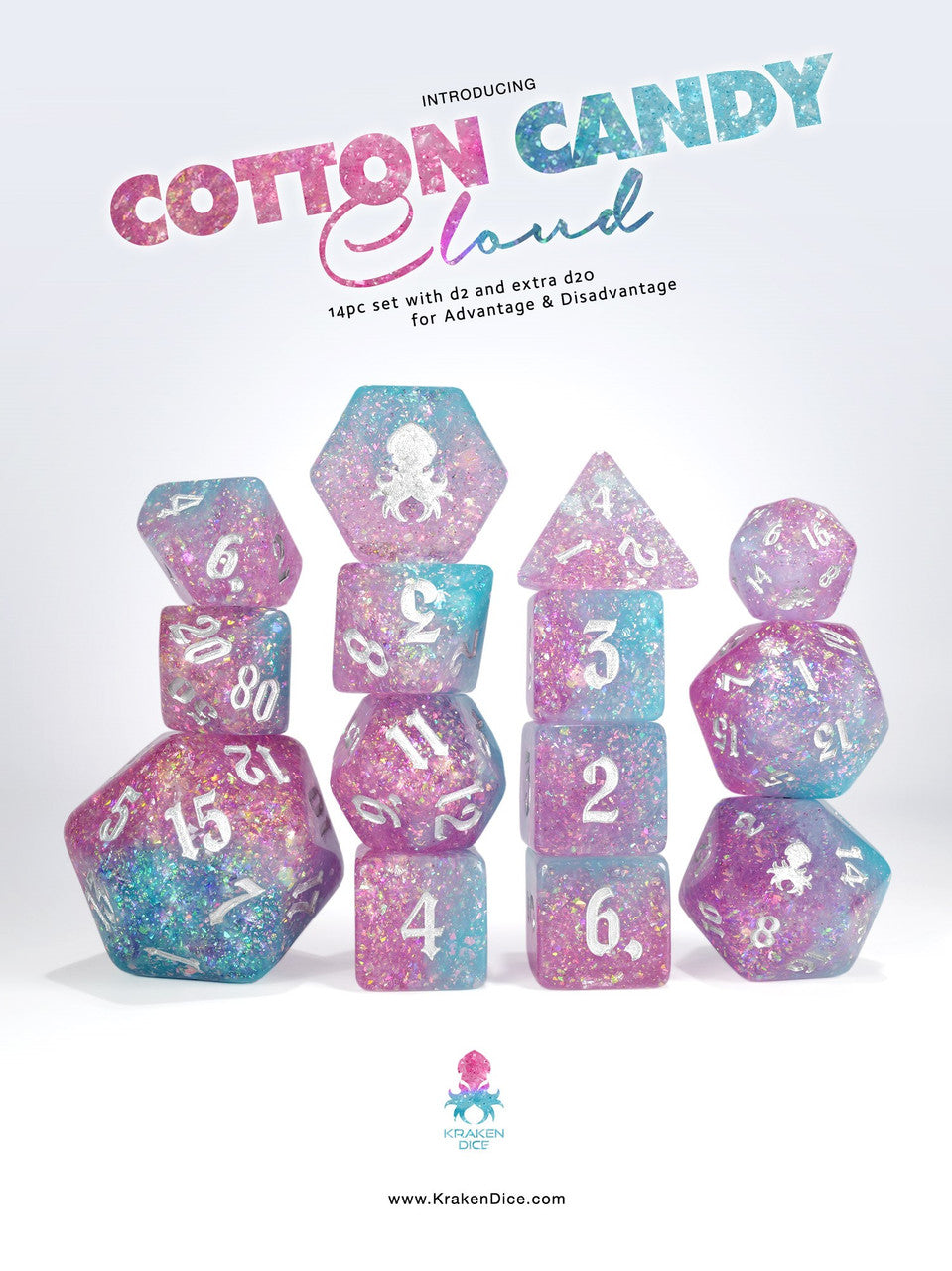Cotton Candy Cloud 14pc - Limited Run - Silver Ink Dice Set