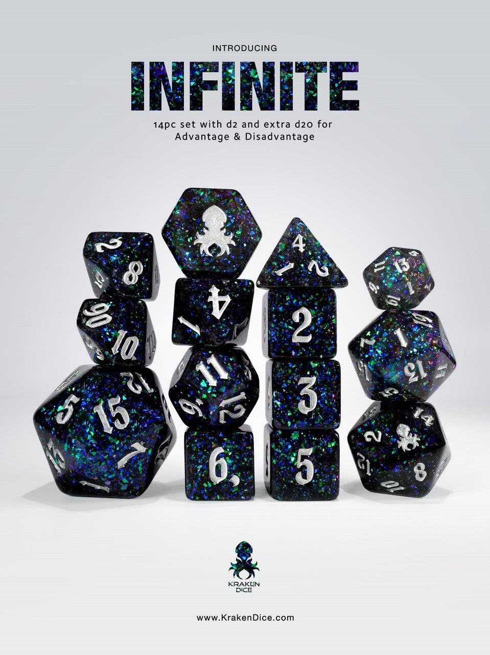 Infinite 14pc Resin Dice Set inked in Silver