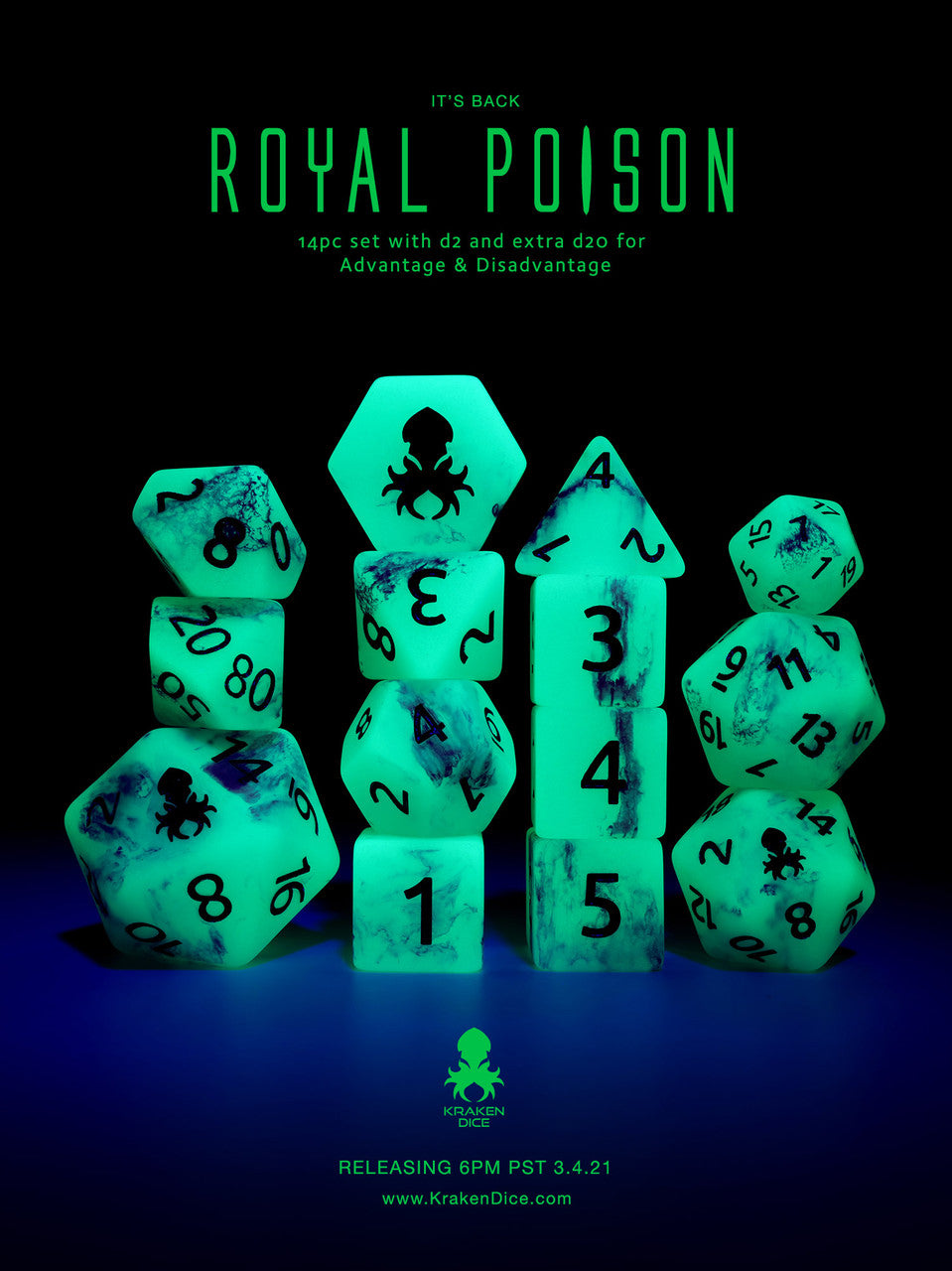 Mutagen: Royal Poison 14pc Glow in the Dark Purple Ink Dice Set