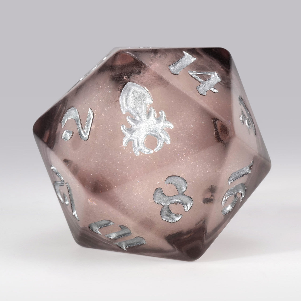 34 mm Grey Liquid Core Silver Glitter Single D20 with Silver Ink